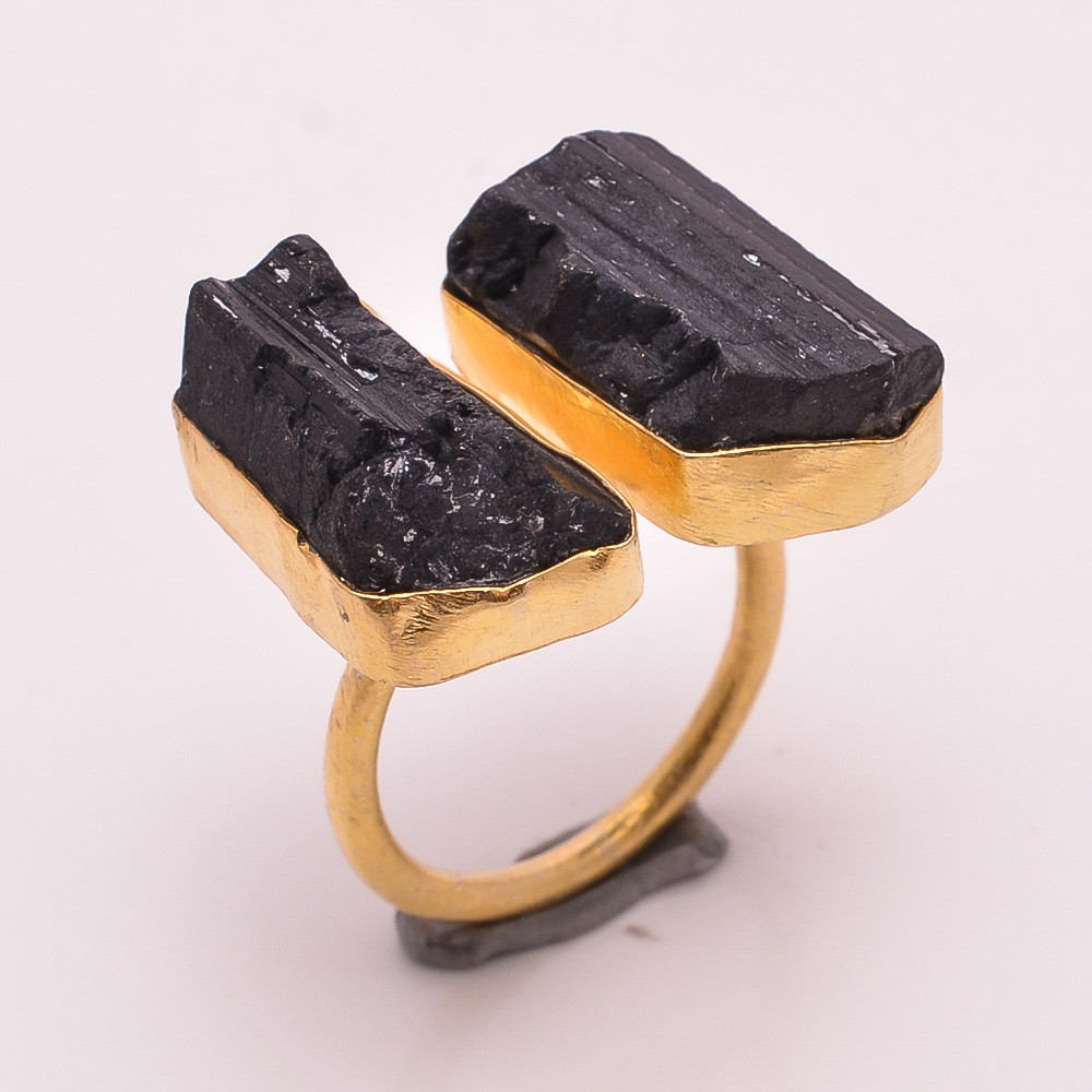 Natural Raw Black Tourmaline Gemstone 18k Gold Plated Ring Adjustable