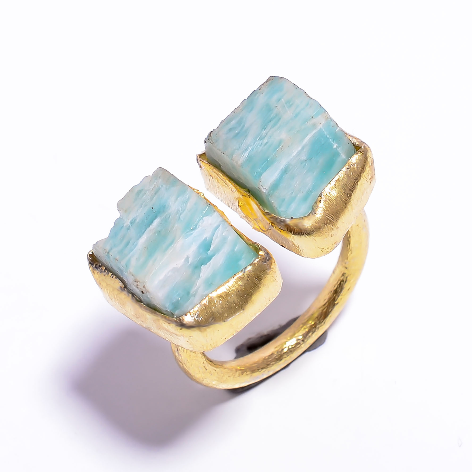 Natural Raw Amazonite Gemstone 18k Gold Plated Ring Adjustable