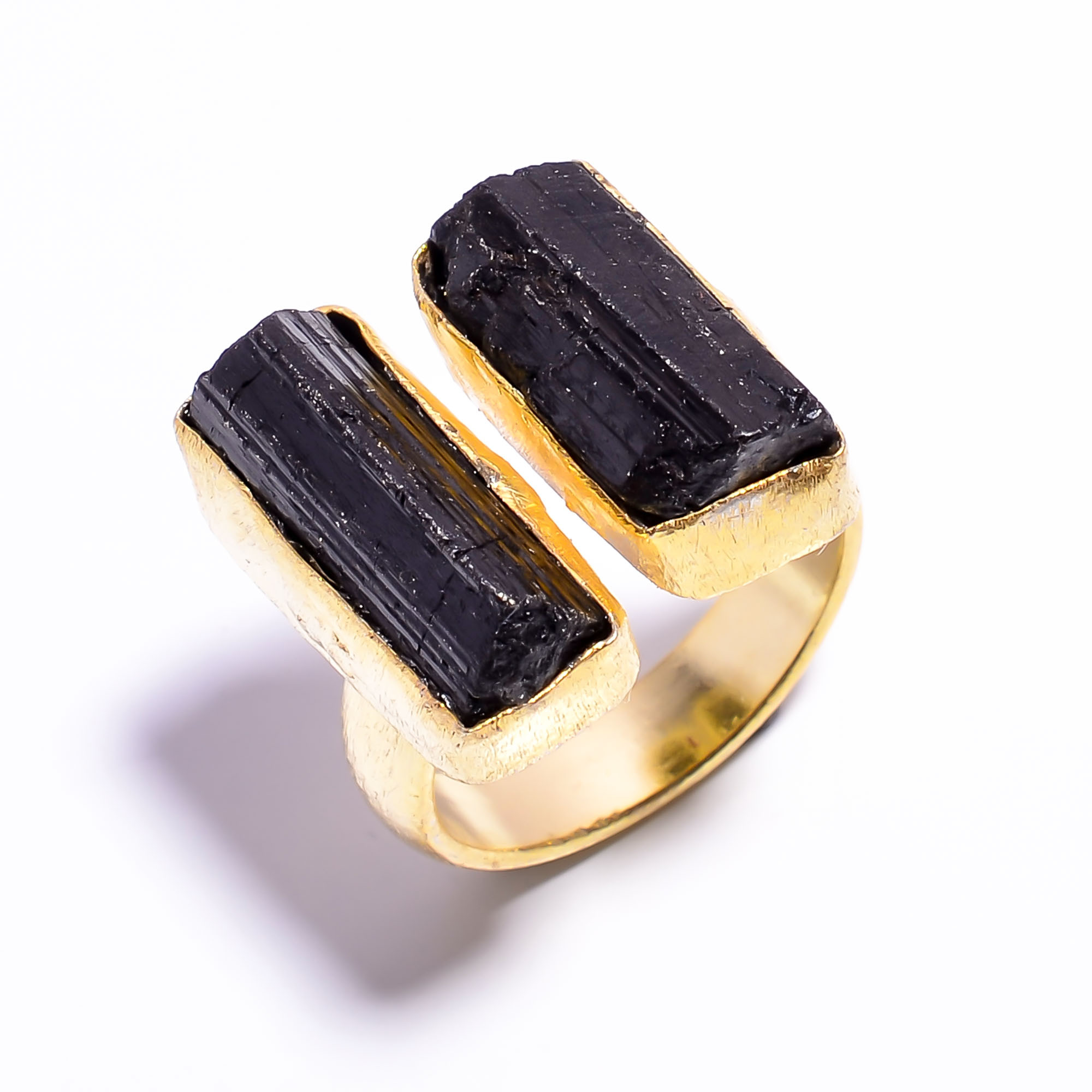 Natural Raw Black Tourmaline Gemstone 18k Gold Plated Ring Adjustable
