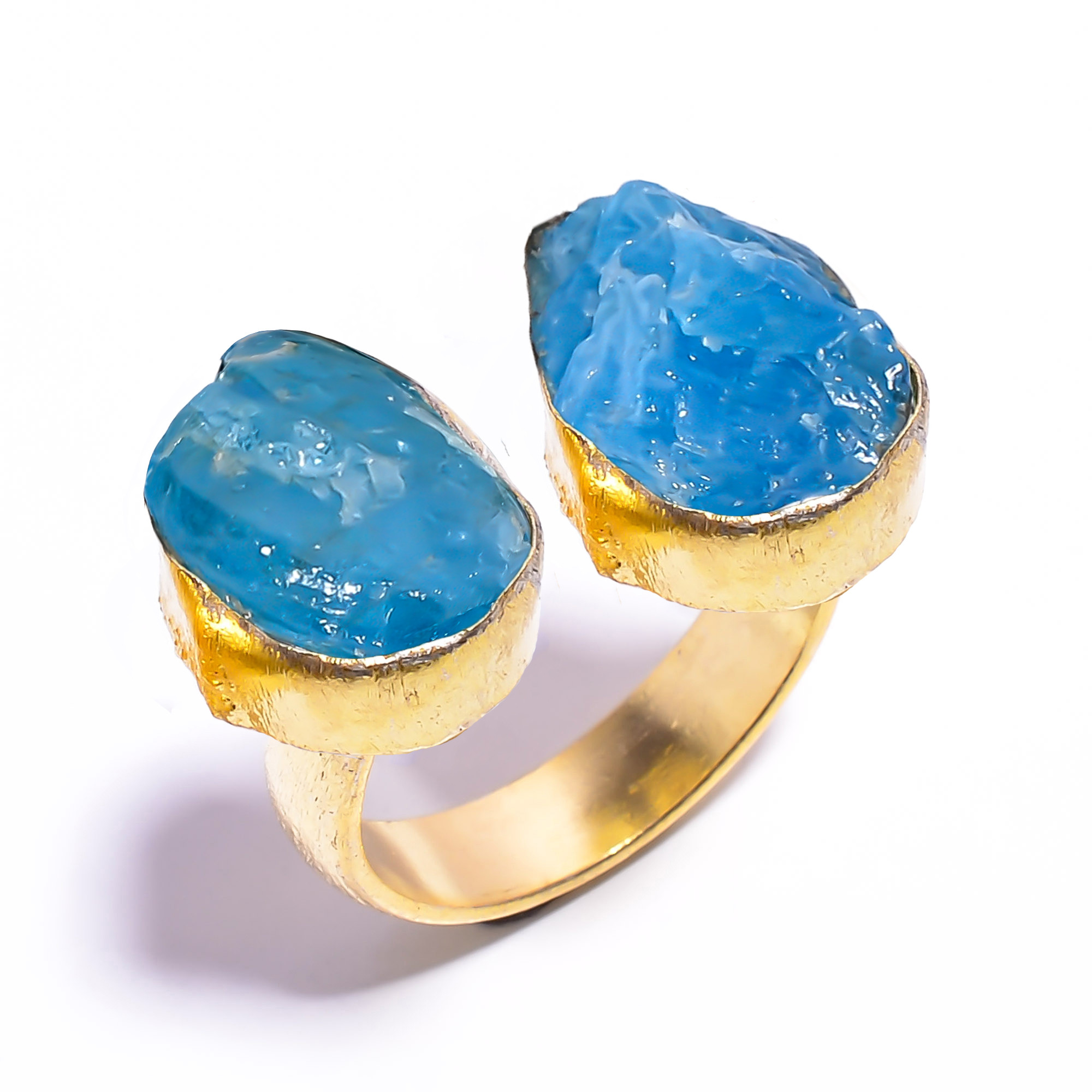 Natural Raw Neon Apatite Gemstone 18k Gold Plated Ring Adjustable