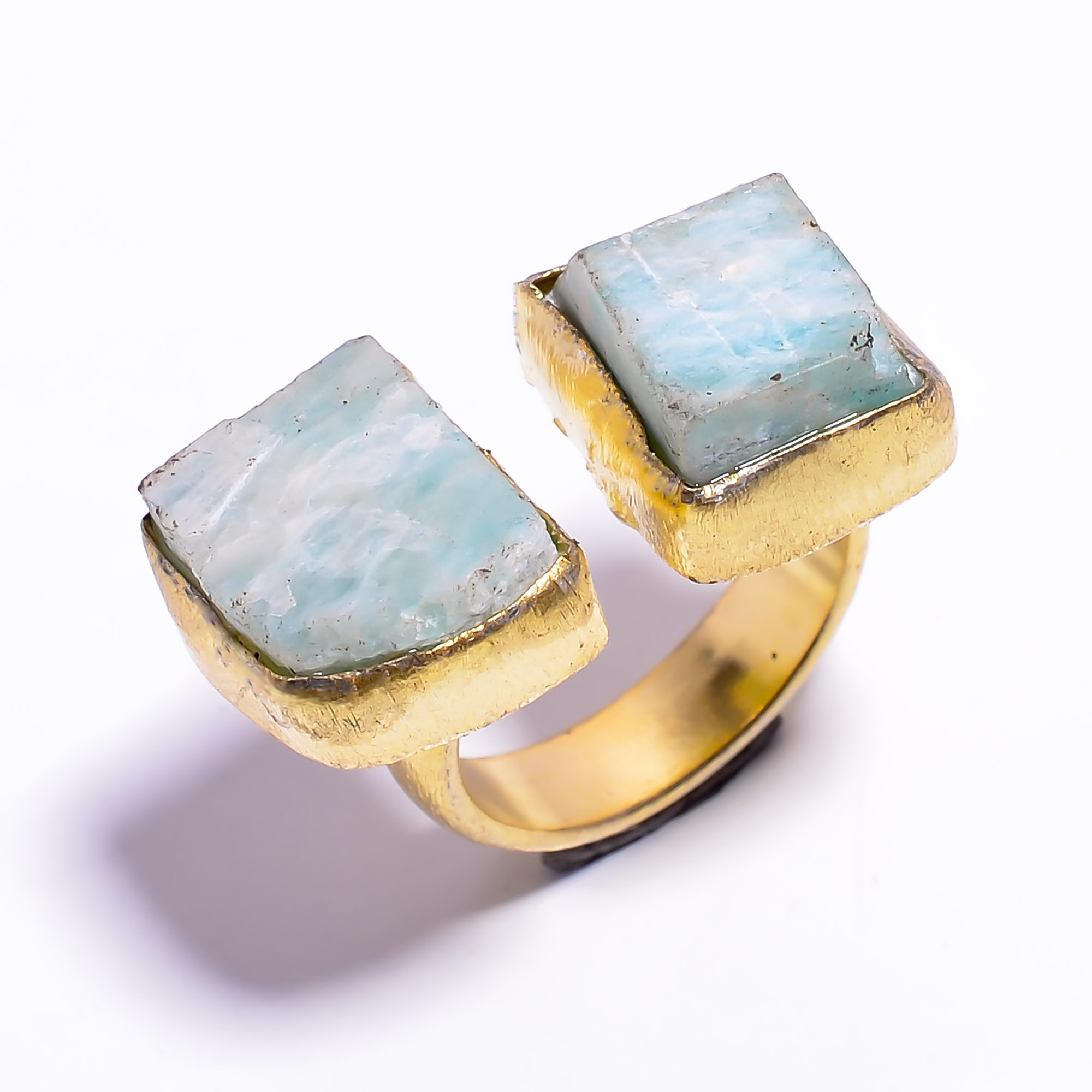 Natural Raw Amazonite Gemstone 18k Gold Plated Ring Adjustable