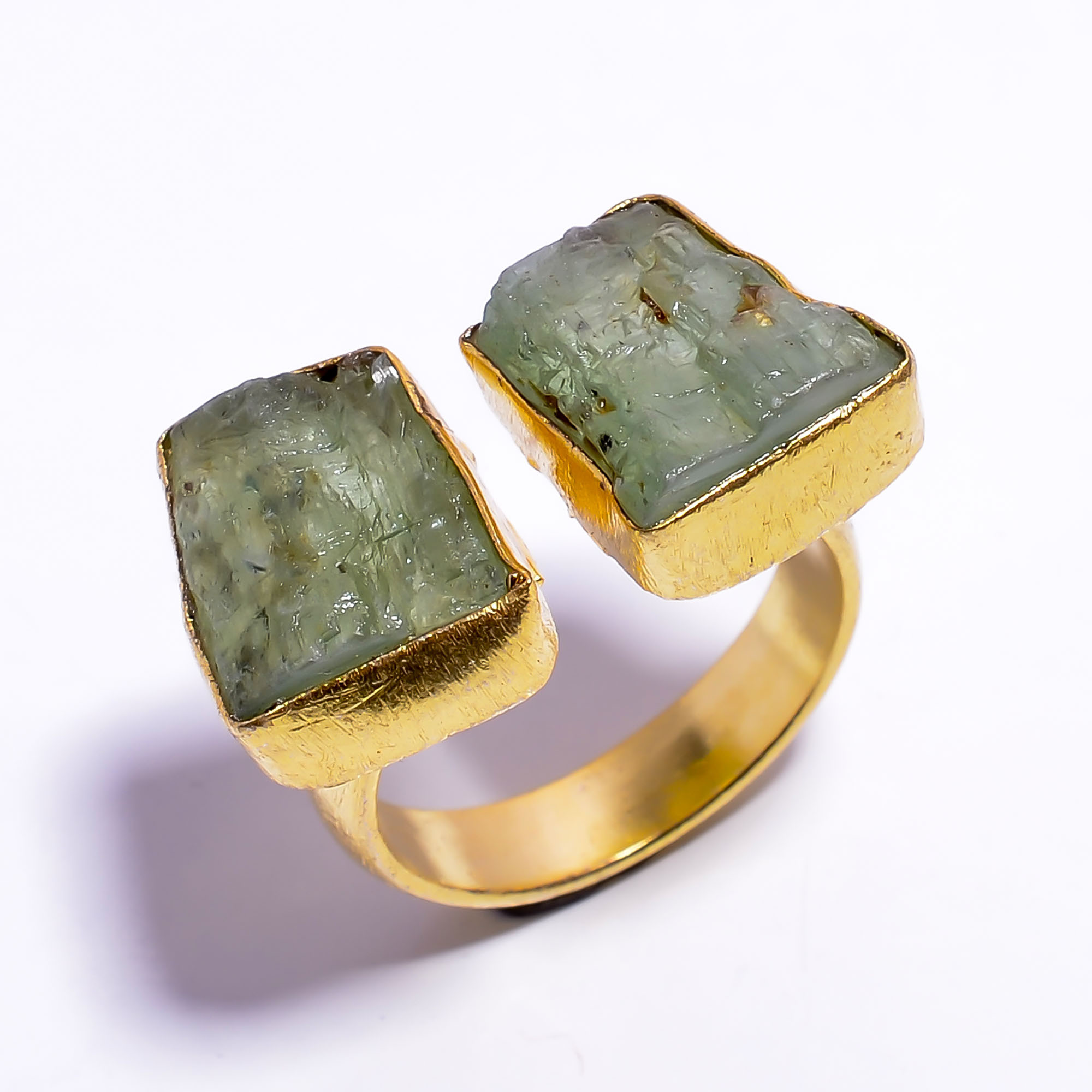 Natural Raw Green Kyanite Gemstone 18k Gold Plated Brass Ring Size US 6 Adjustable