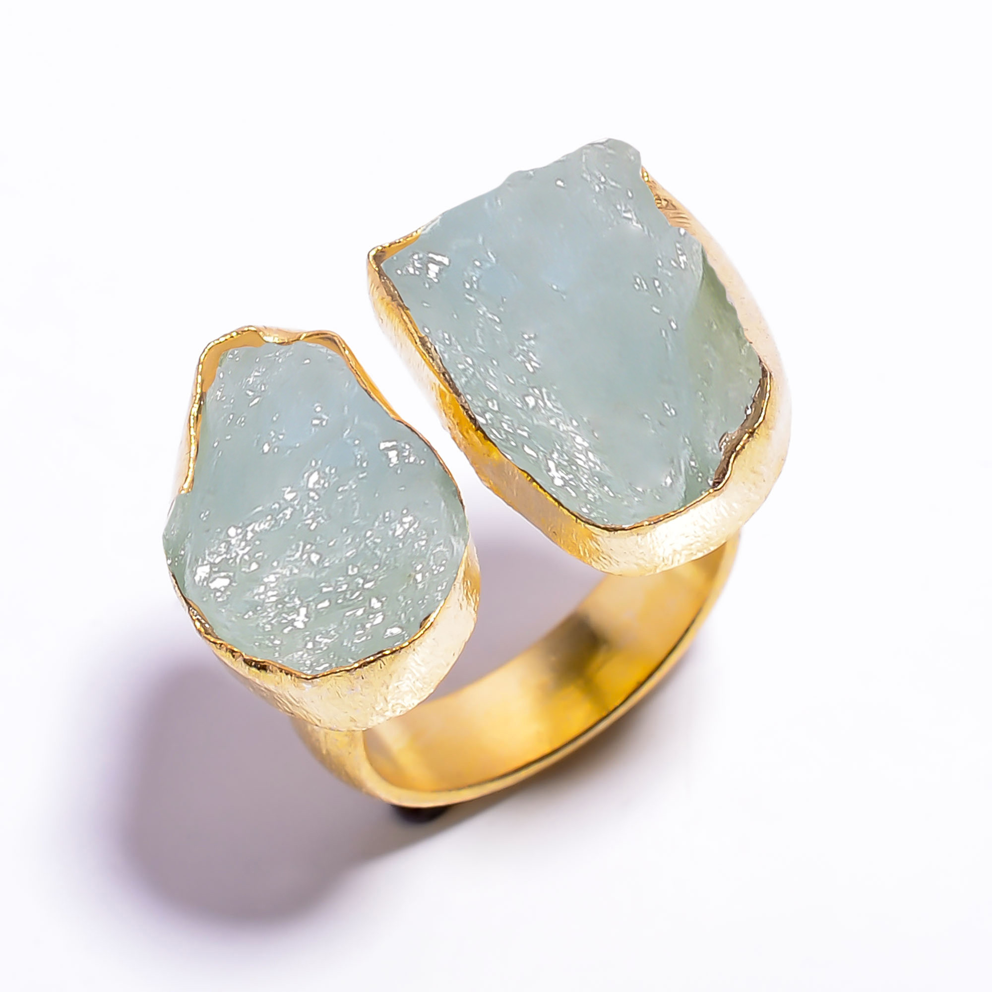 Natural Raw Aquamarine Gemstone 18k Gold Plated Brass Ring Size US 65 Adjustable