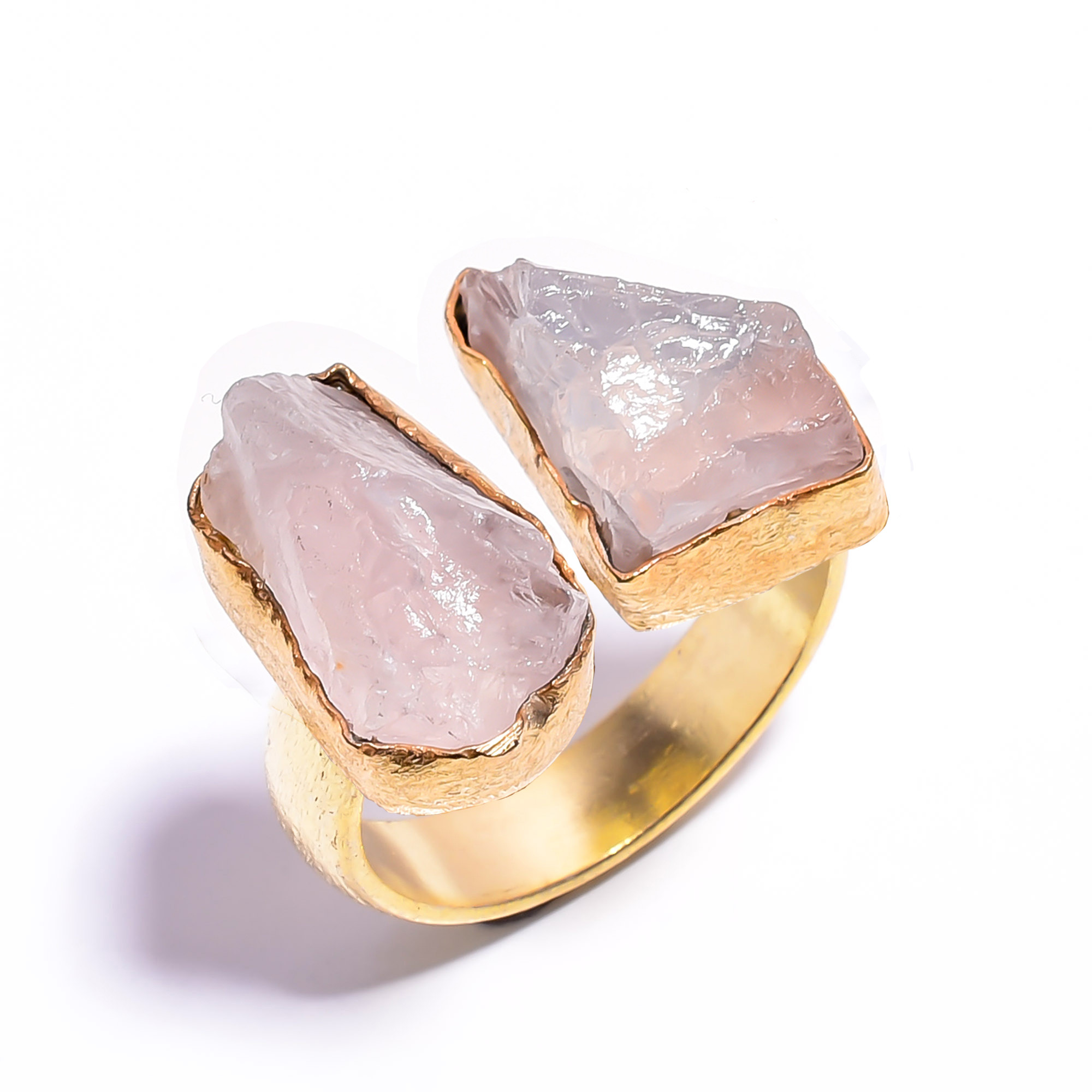 Natural Raw Rose Quartz Gemstone 18k Gold Plated Brass Ring Size US 6 Adjustable