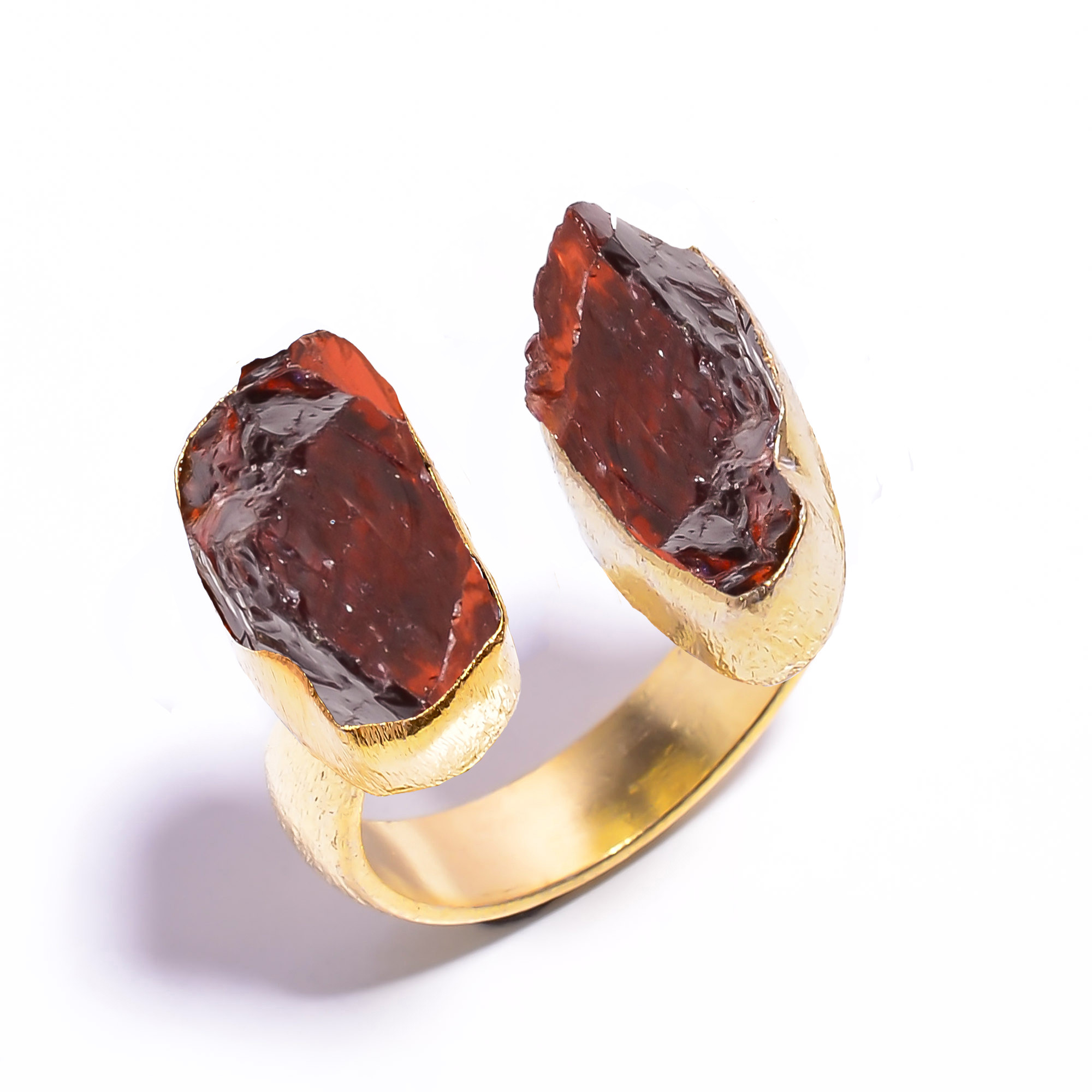 Natural Raw Garnet Gemstone 18k Gold Plated Brass Ring Size US 5 Adjustable