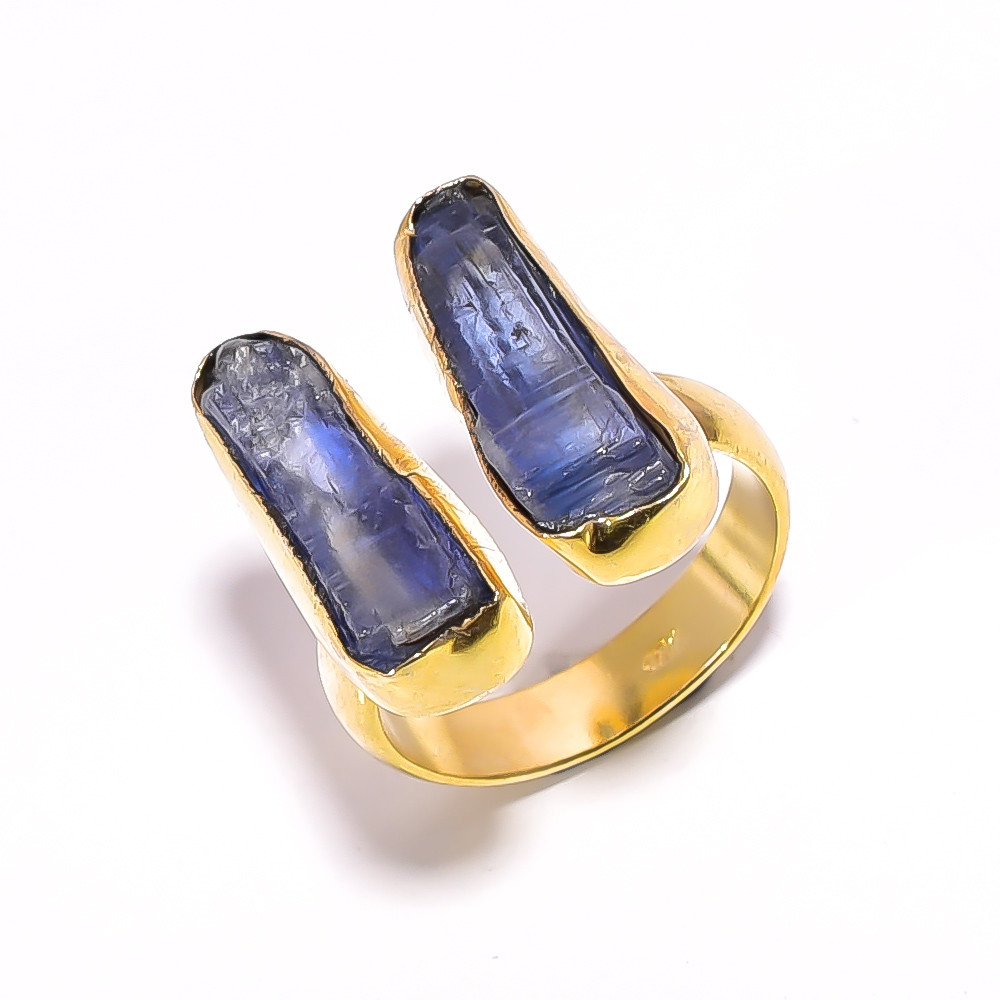 Natural Raw Blue Kyanite Gemstone 18k Gold Plated Brass Ring Size US 65 Adjustable