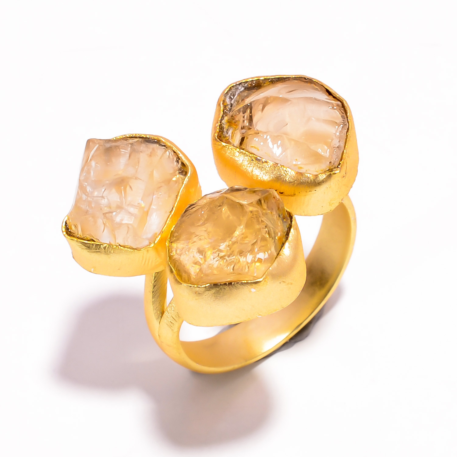 Natura Citrine Raw Gemstone Ring 18k Gold Plated Three-Stone Ring Adjustable
