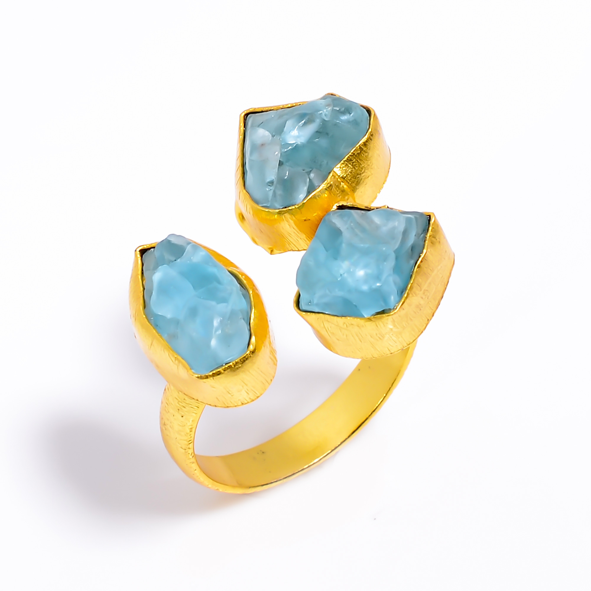 Natura Sky Apatite Raw Gemstone Ring 18k Gold Plated Three-Stone Ring Adjustable