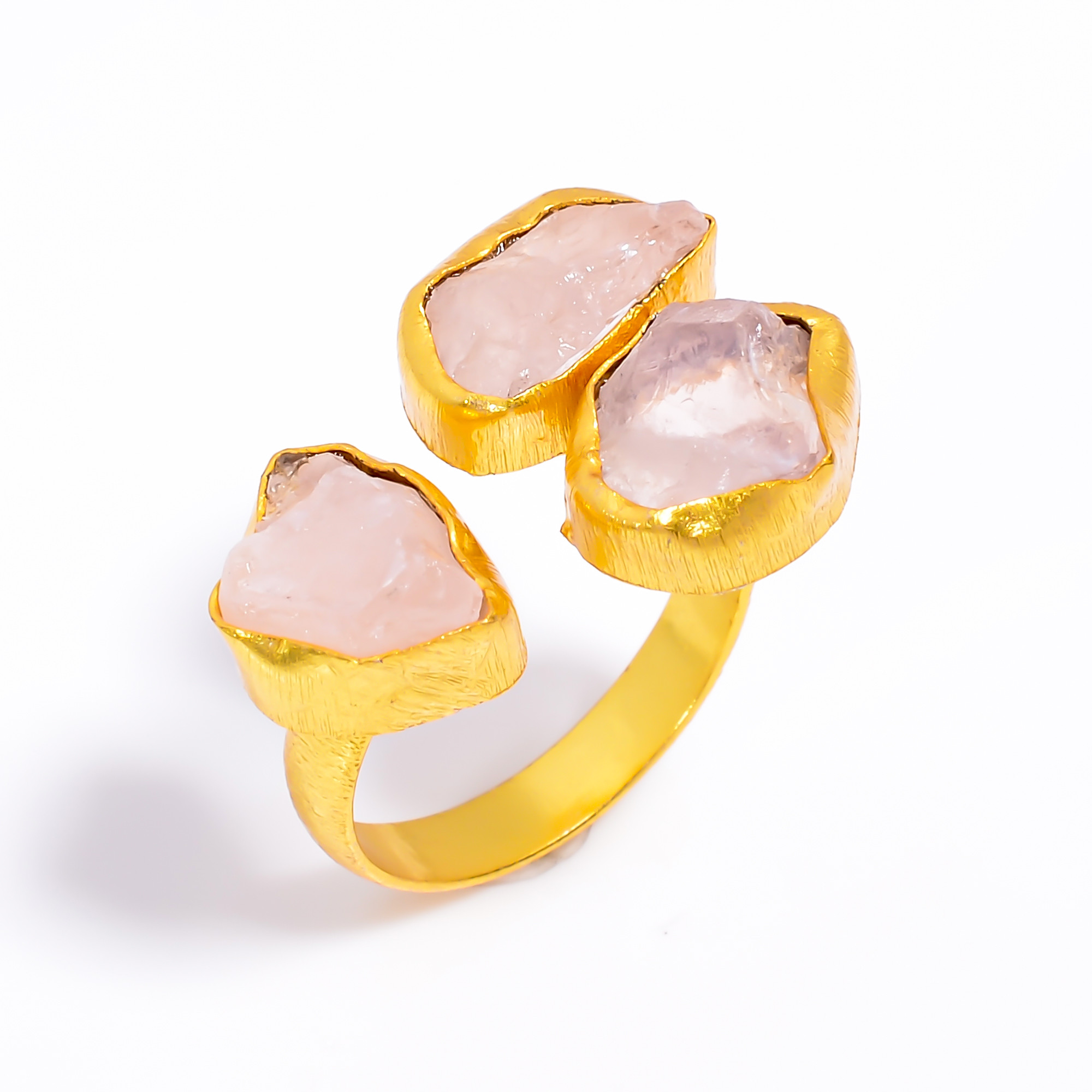 Natura Rose Quartz Raw Gemstone Ring 18k Gold Plated Three-Stone Ring Adjustable