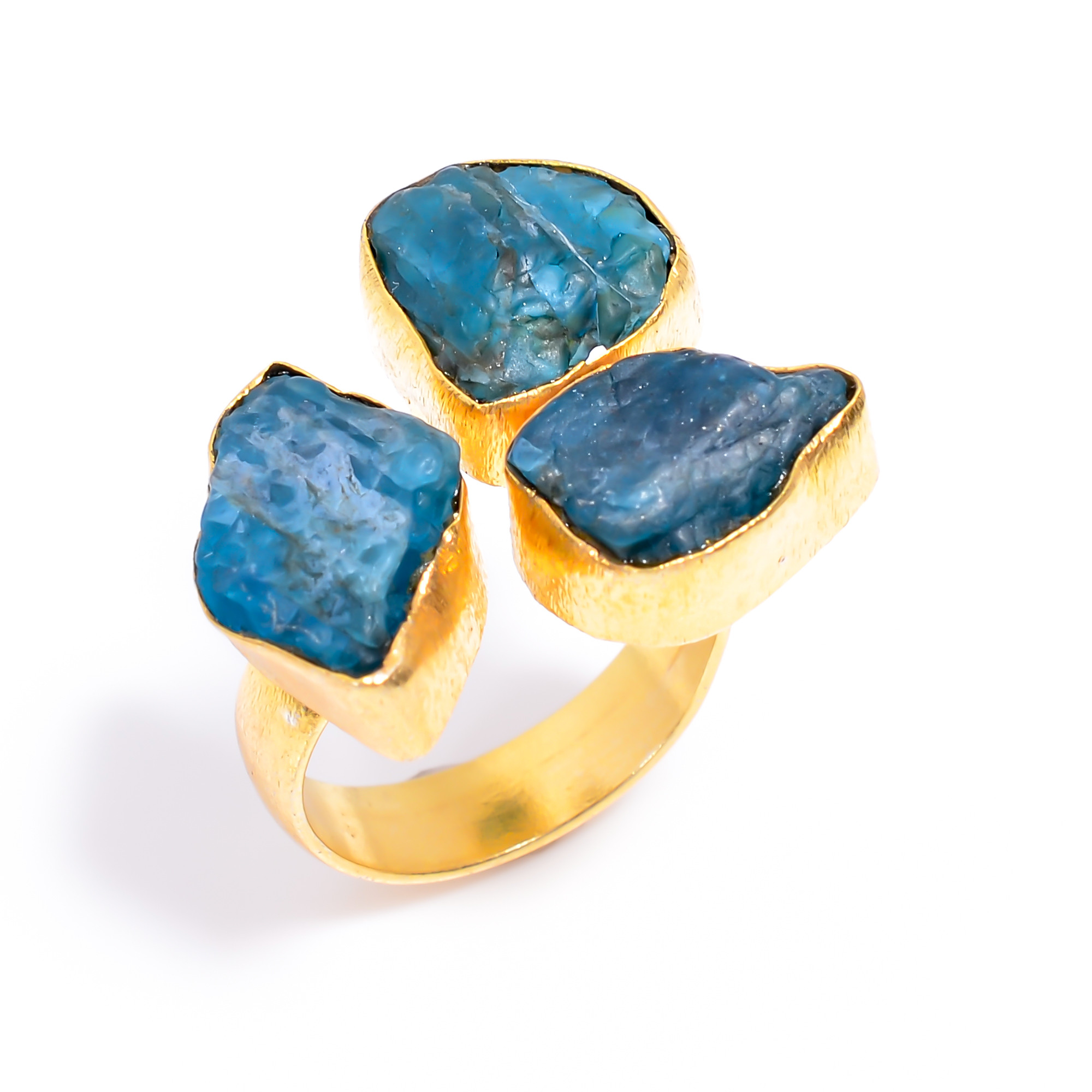 Natura Neon Apatite Raw Gemstone Ring 18k Gold Plated Three-Stone Ring Size US 7 Adjustable
