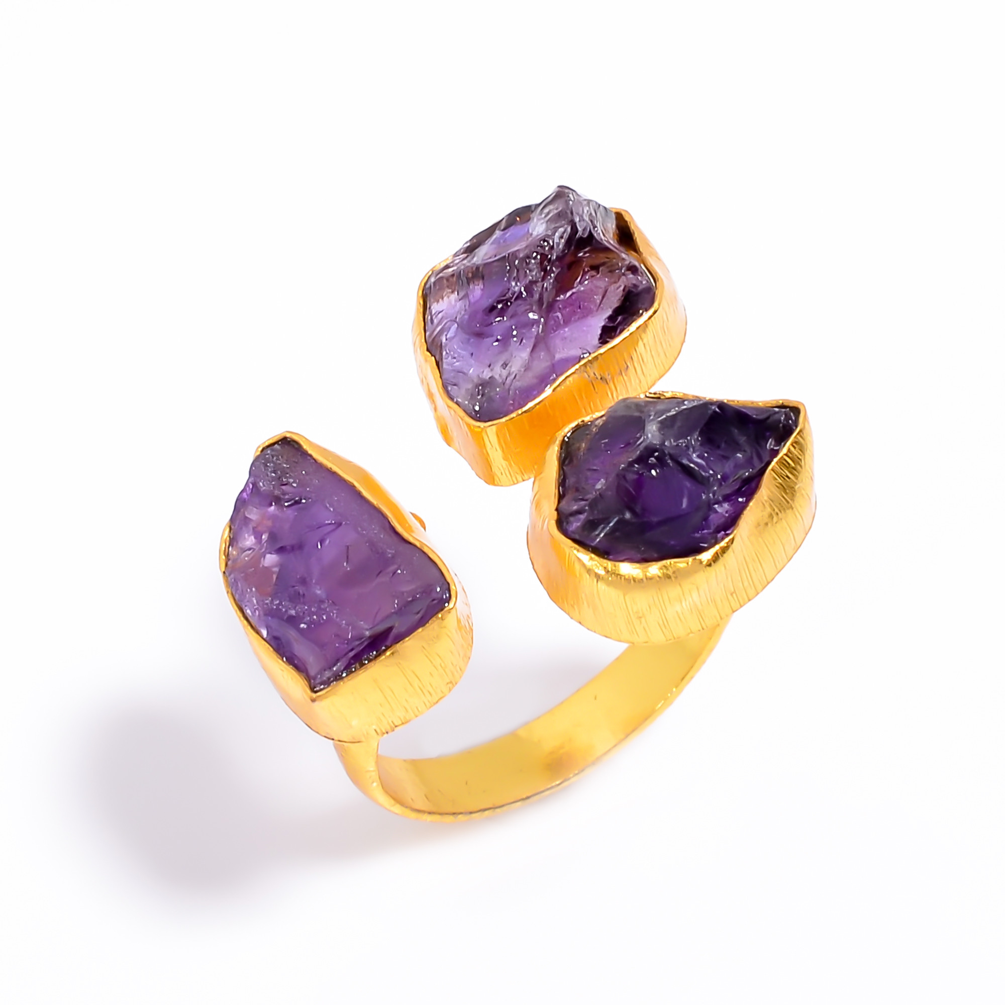 Natura Amethyst Raw Gemstone Ring 18k Gold Plated Three-Stone Ring Adjustable