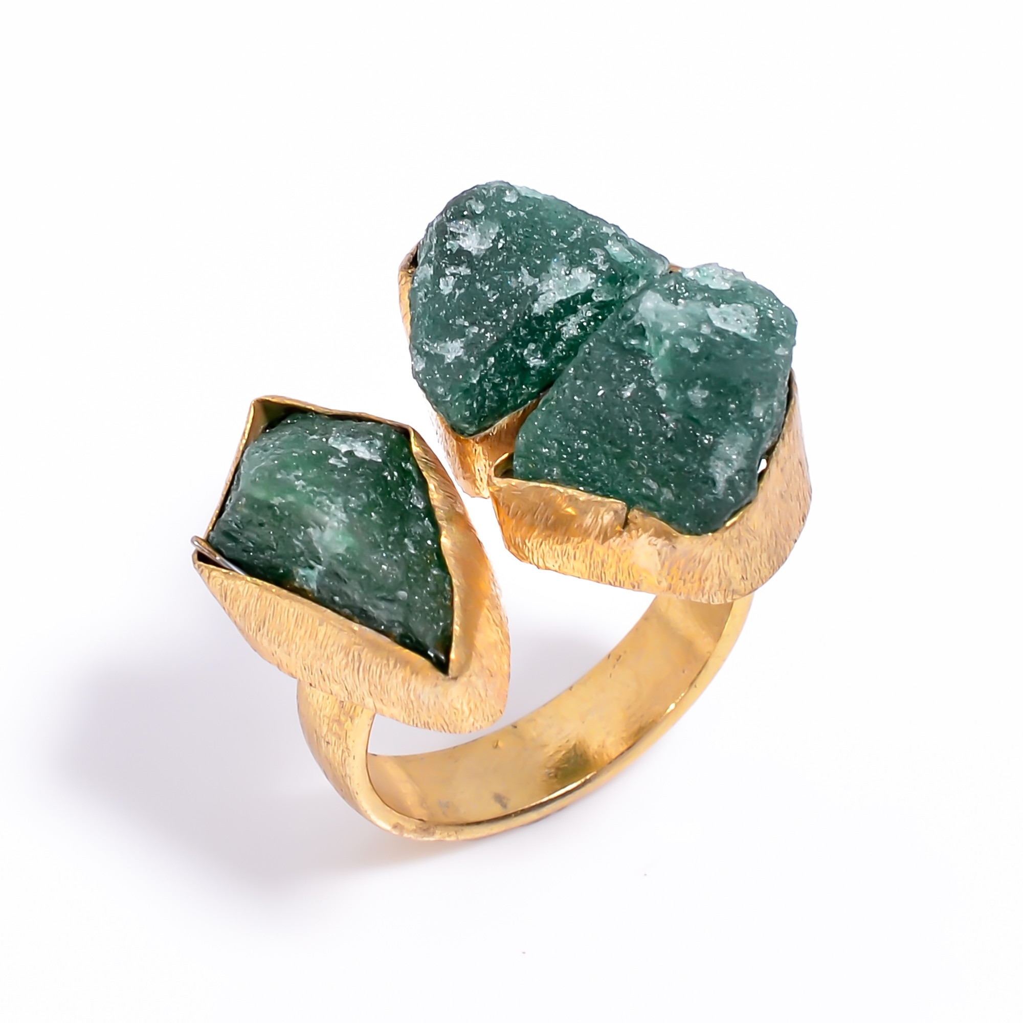 Natura Green Aventurine Raw Gemstone Ring 18k Gold Plated Three-Stone Ring Size US 6 Adjustable