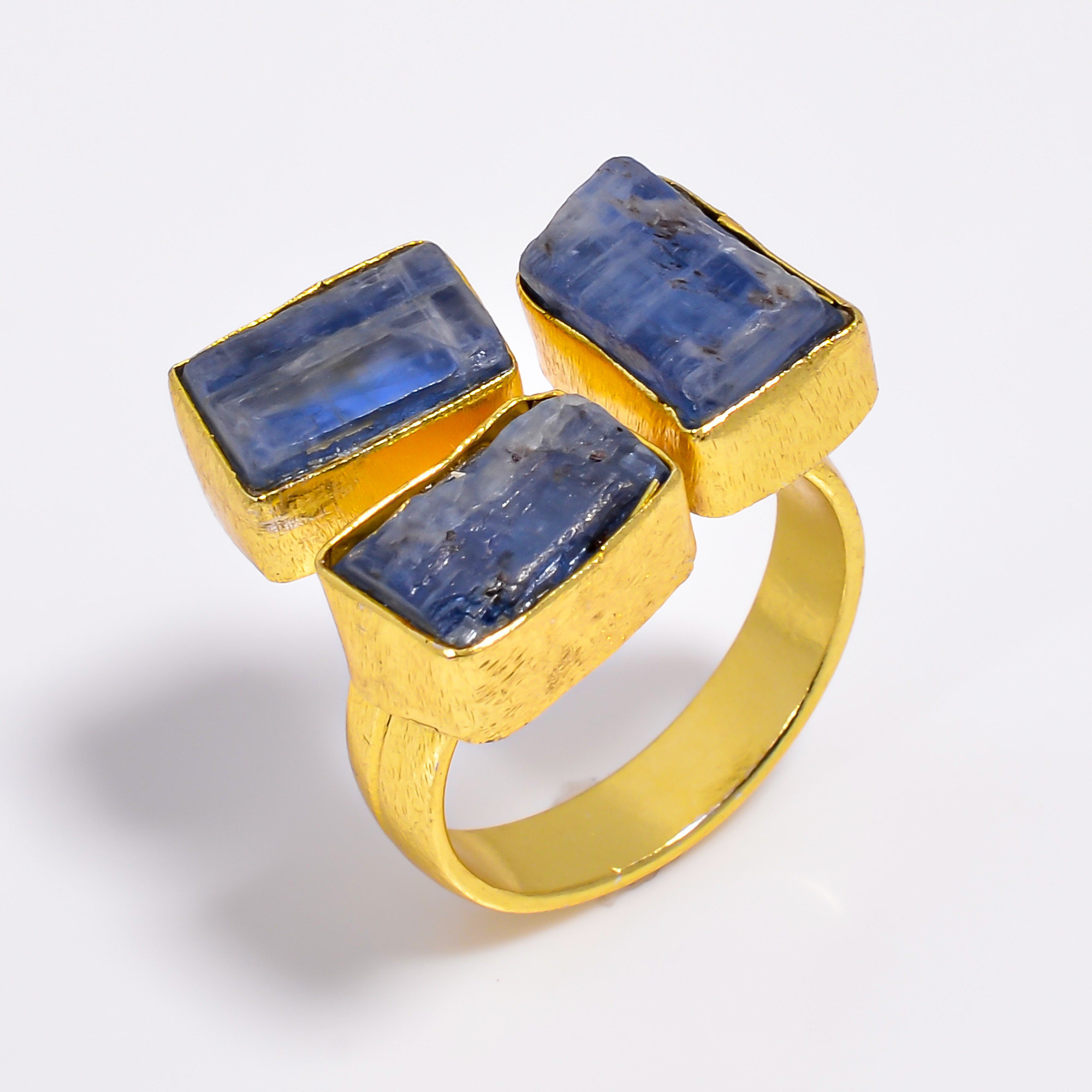 Natura Blue Kyanite Raw Gemstone Ring 18k Gold Plated Three-Stone Ring Size US 8 Adjustable