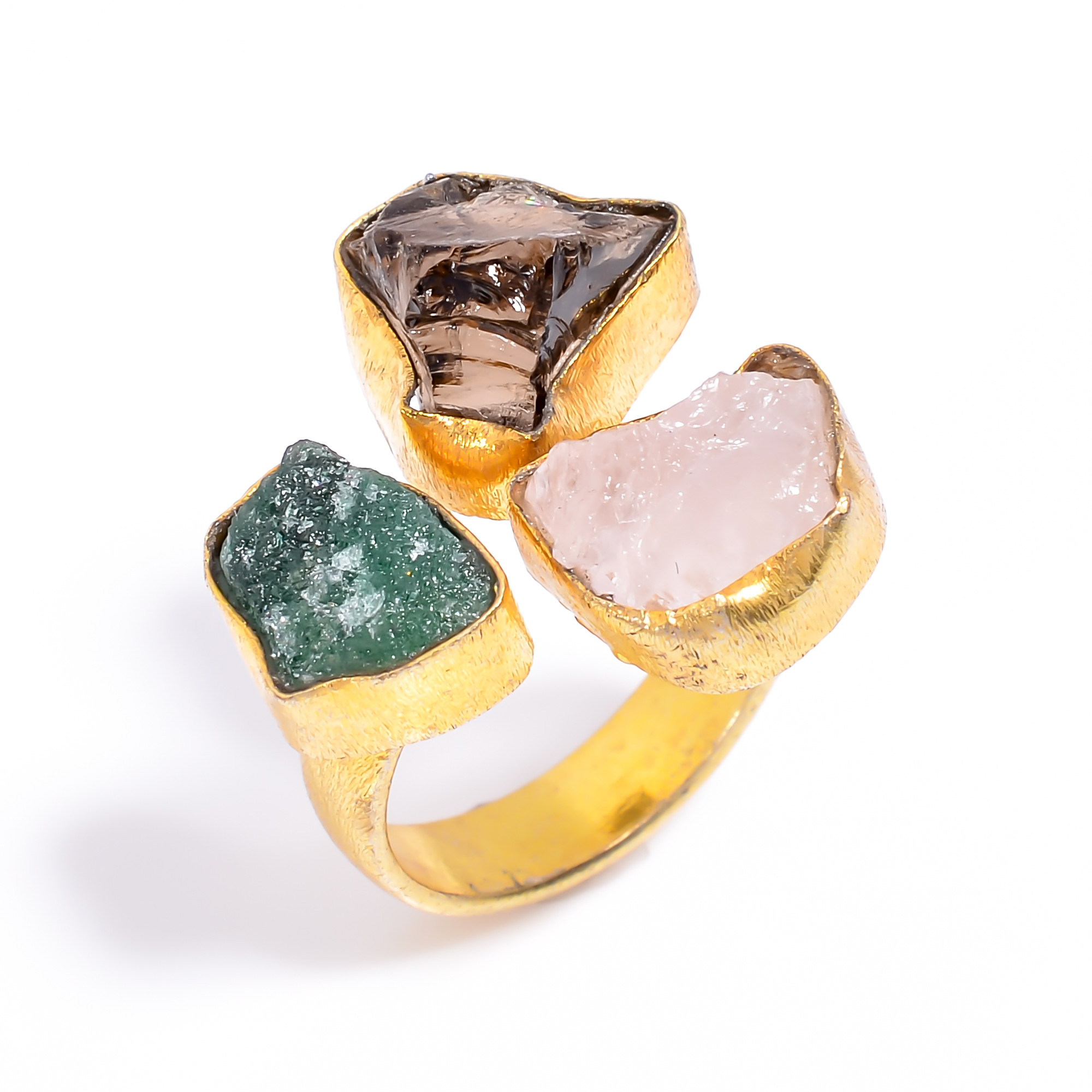 Natural Smoky Rose Quartz Raw Gemstone Ring 18k Gold Plated Three-Stone Ring Szue US 55 Adjustable