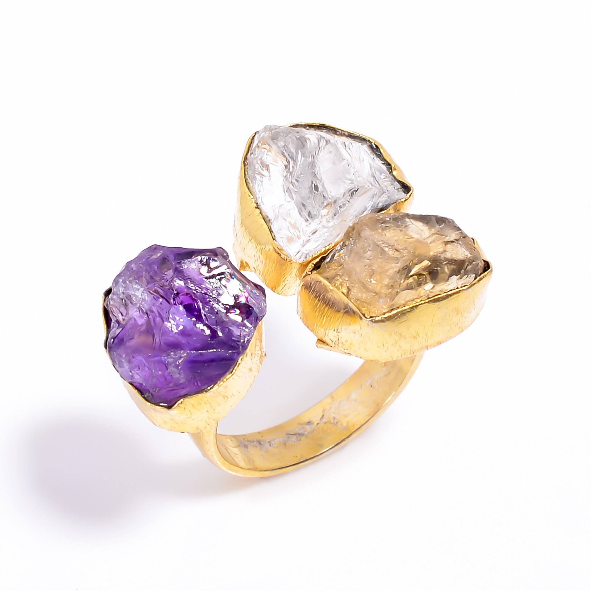 Natural Amethyst Citrine Raw Gemstone Ring 18k Gold Plated Three-Stone Ring Adjustable