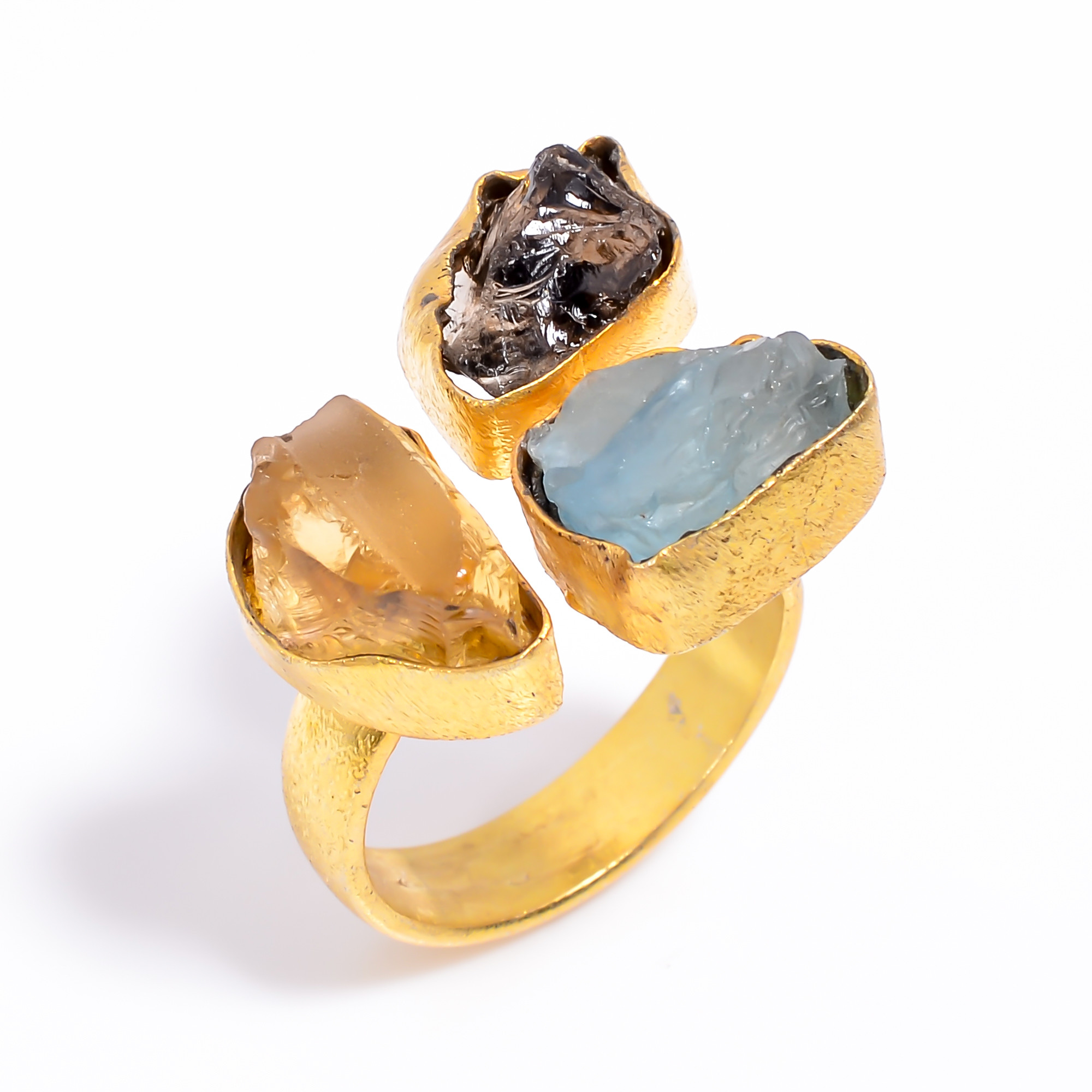 Natural Smoky Aquamarine Raw Gemstone Ring 18k Gold Plated Three-Stone Ring Size US 8 Adjustable