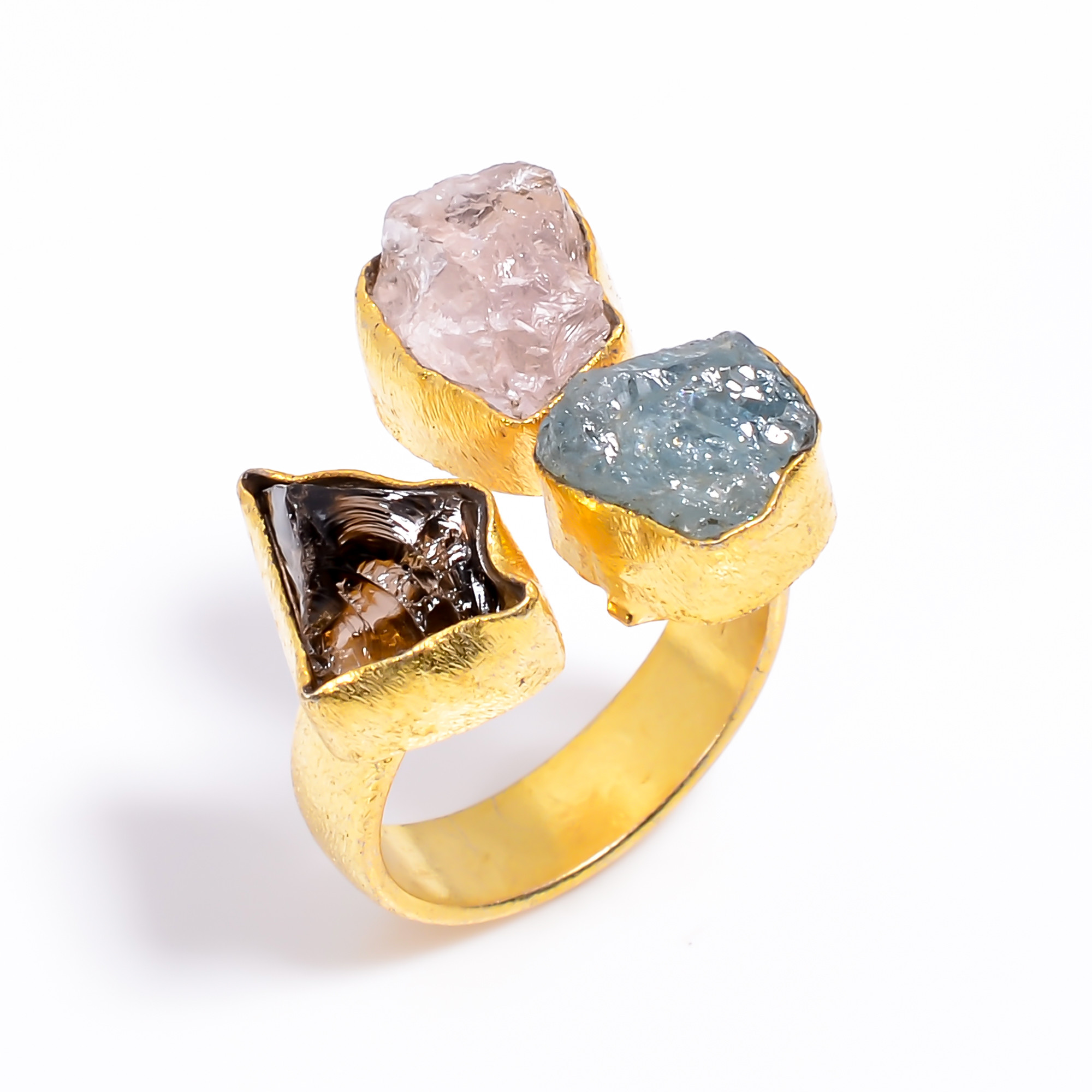 Natural Aquamarine Rose Quartz Raw Gemstone Ring 18k Gold Plated Three-Stone Ring Size US 55 Adjustable