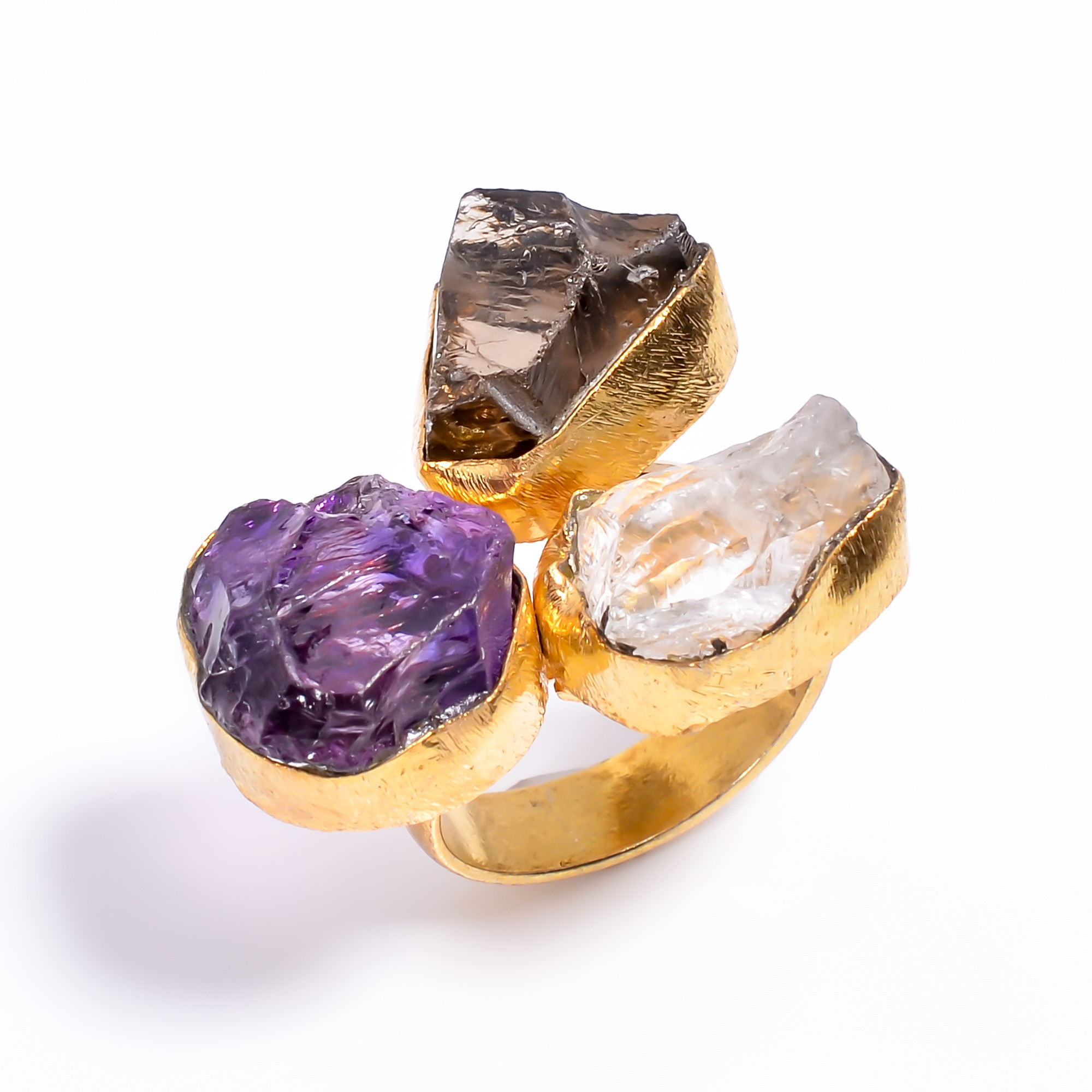 Natural Amethyst Smoky Raw Gemstone Brass Ring 18k Gold Plated Three-Stone Ring Size US 55 Adjustable