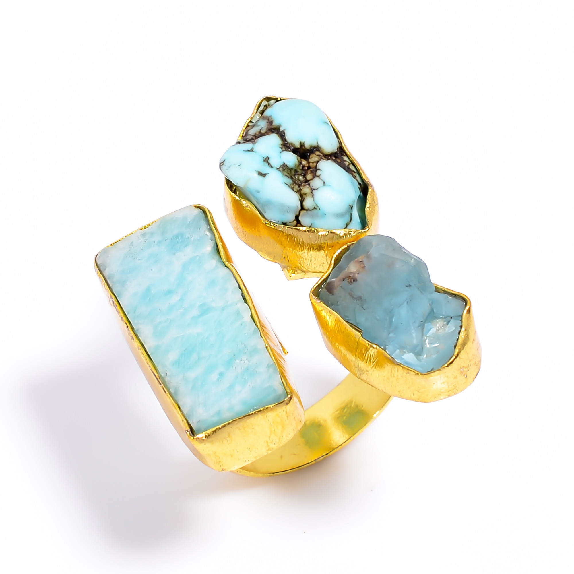 Natural Amazonite Aquamairne Raw Gemstone Ring 18k Gold Plated Three-Stone Ring Size US 5
