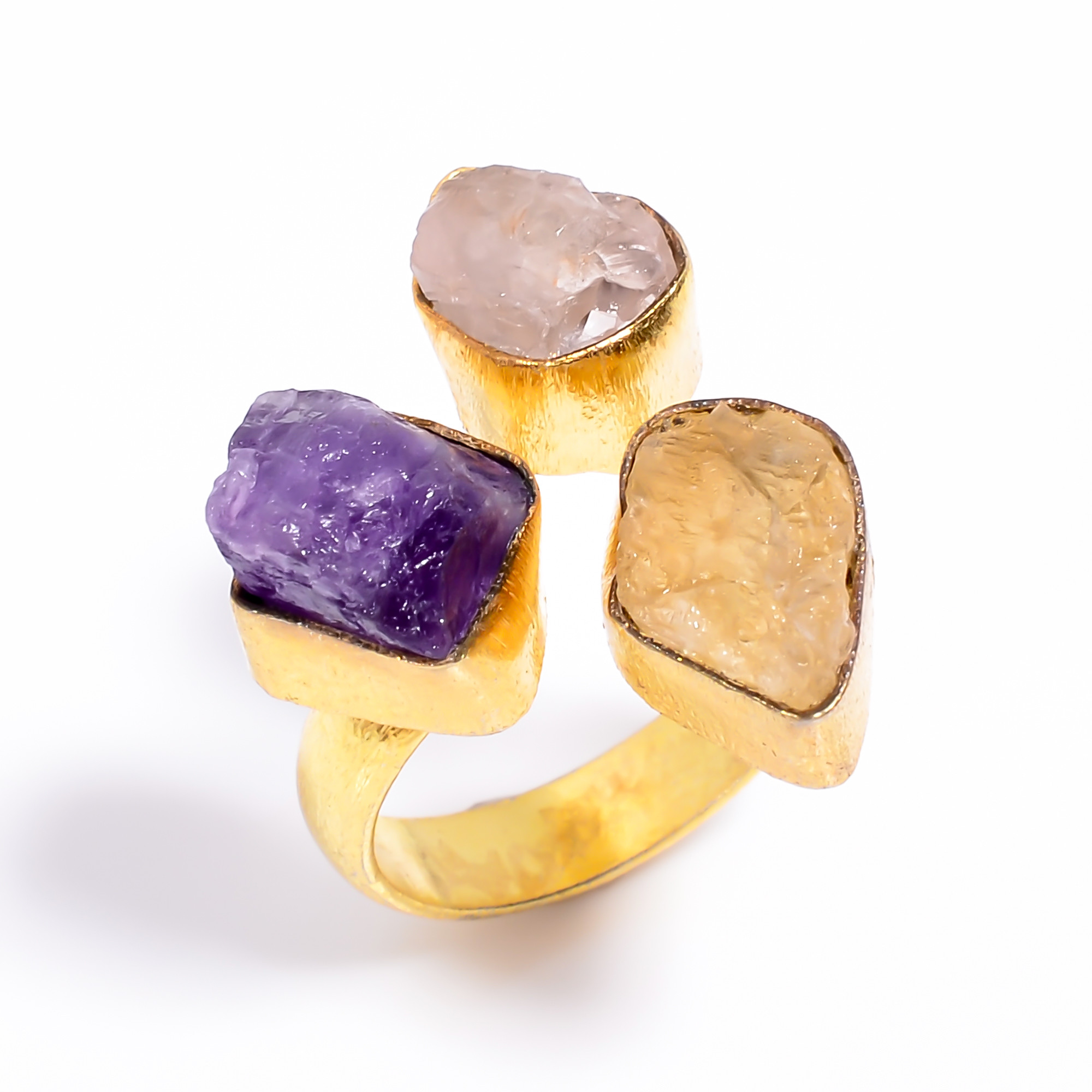 Natural Amethyst Rose Quartz Raw Gemstone Ring 18k Gold Plated Three-Stone Ring Adjustable