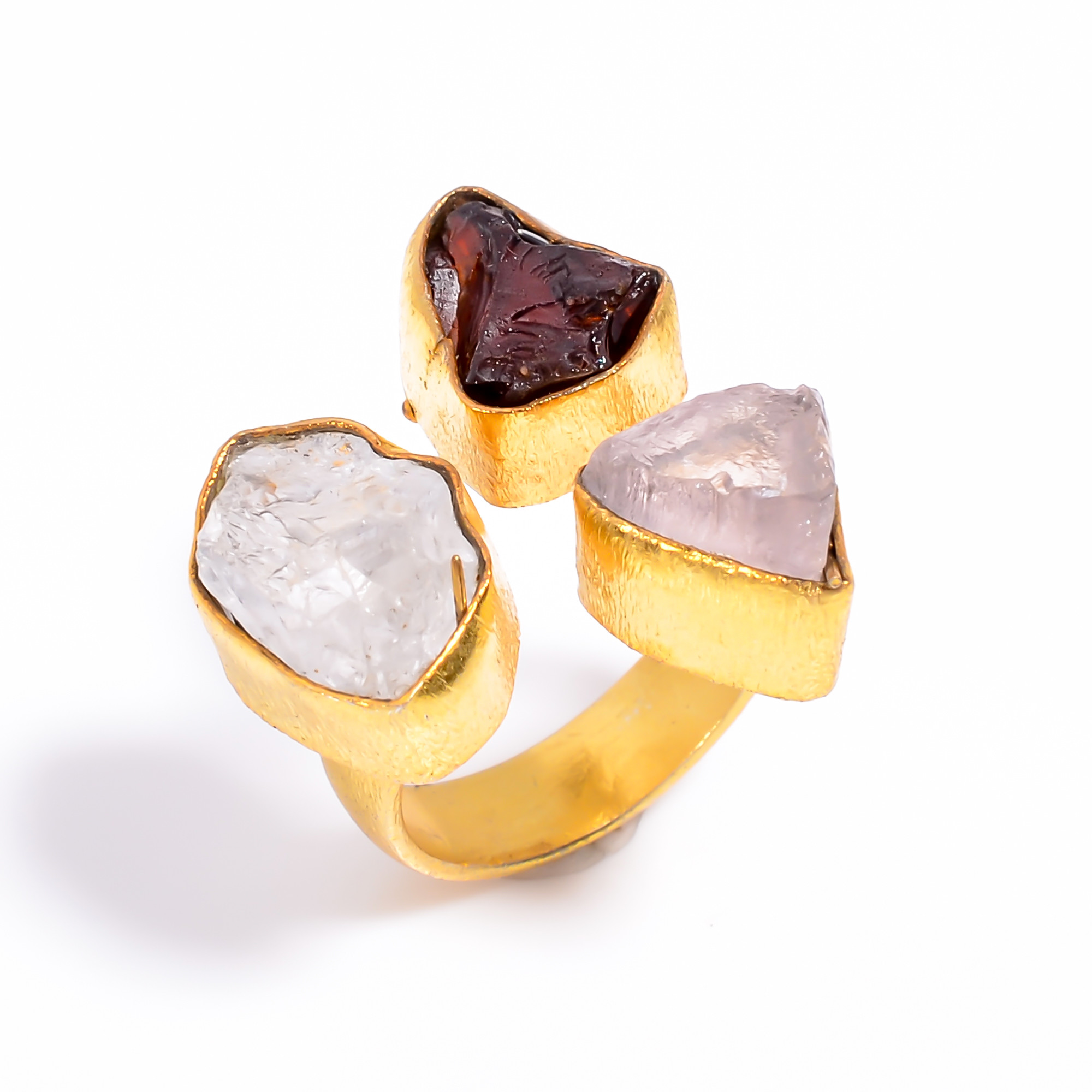 Natural Crystal Garnet Raw Gemstone Ring 18k Gold Plated Three-Stone Ring Adjustable