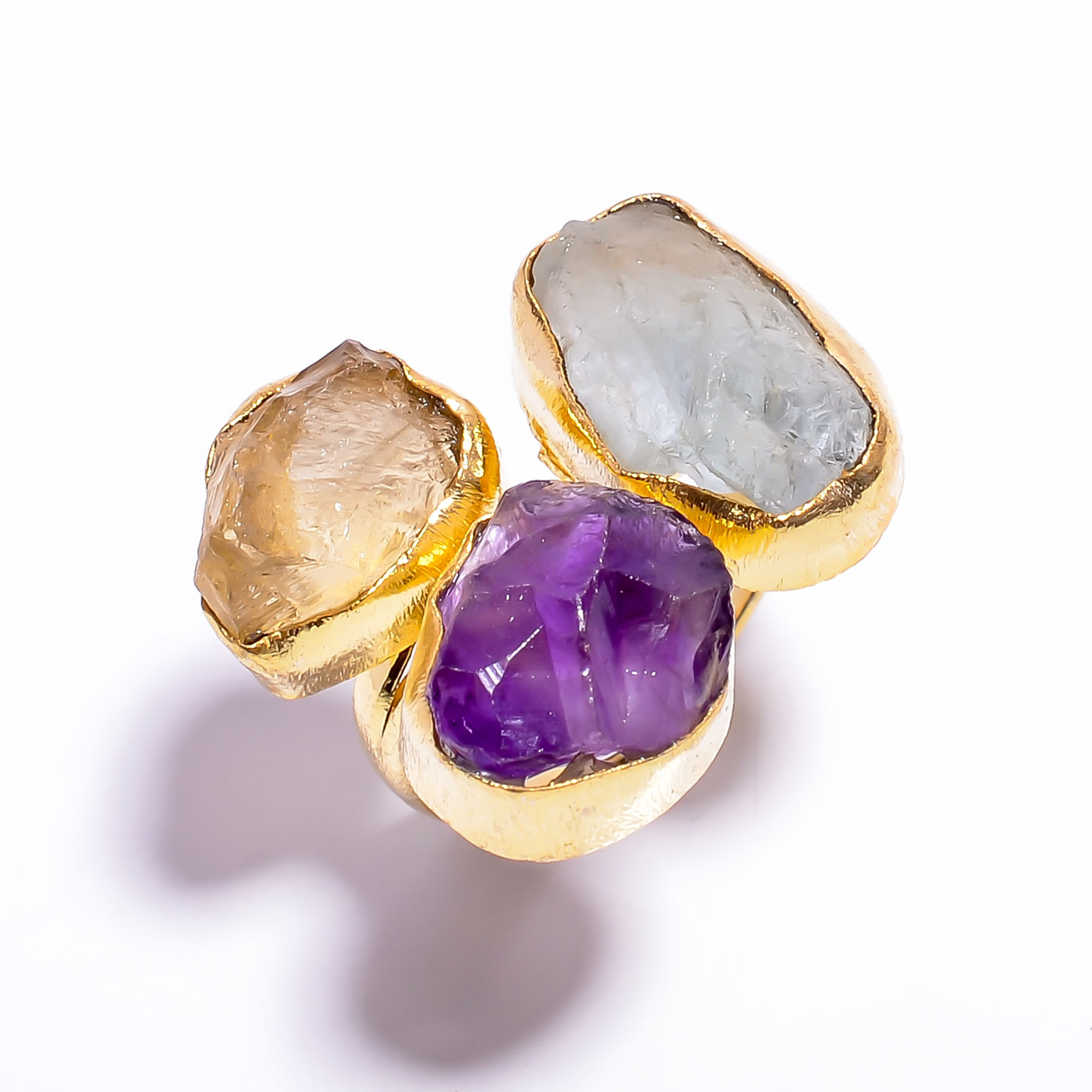 Natural Aquamarine Amethyst Raw Gemstone Ring 18k Gold Plated Three-Stone Ring Adjustable