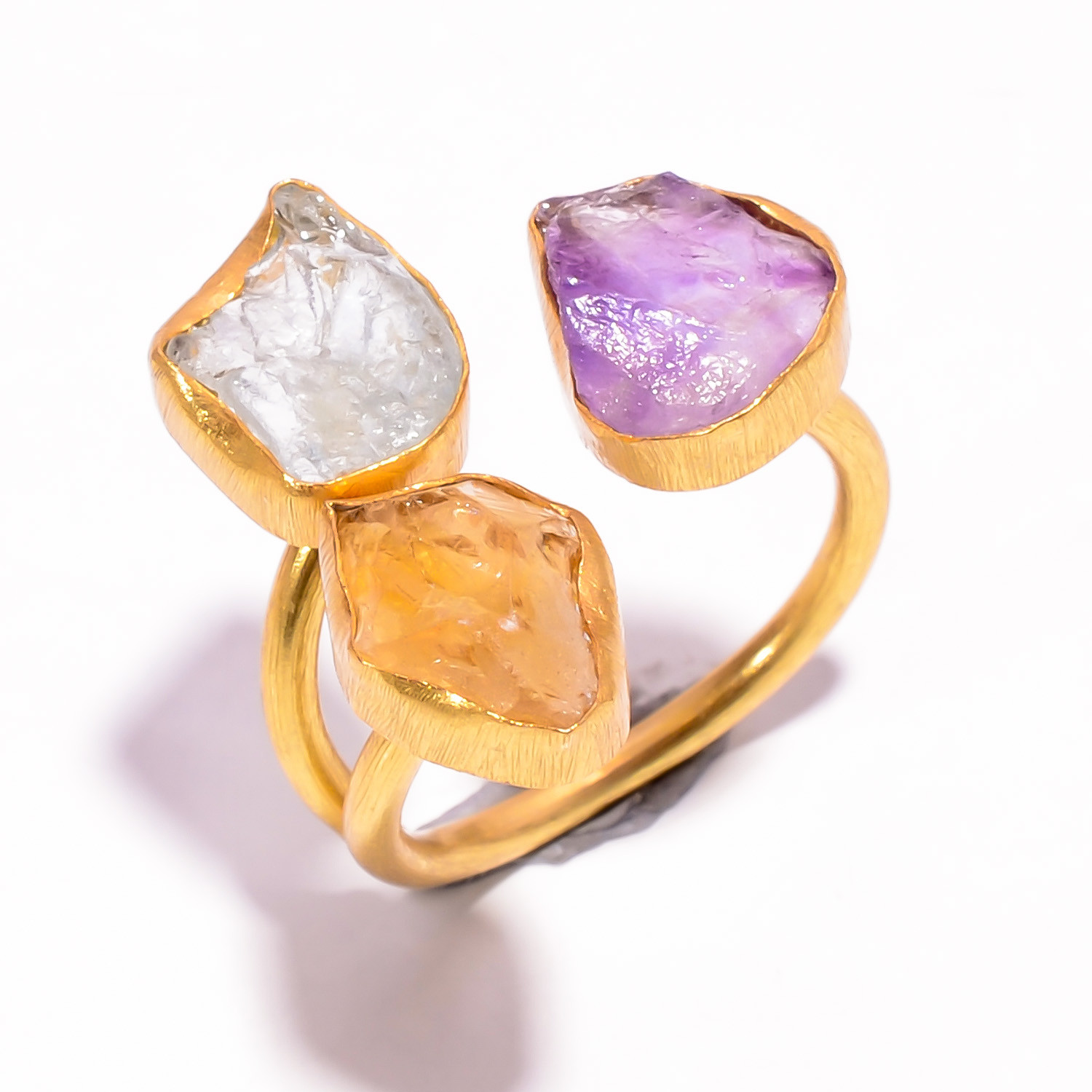 Natura Amethyst Aquamarine Raw Gemstone Brass Ring 18k Gold Plated Three-Stone Ring Size US 6 Adjustable
