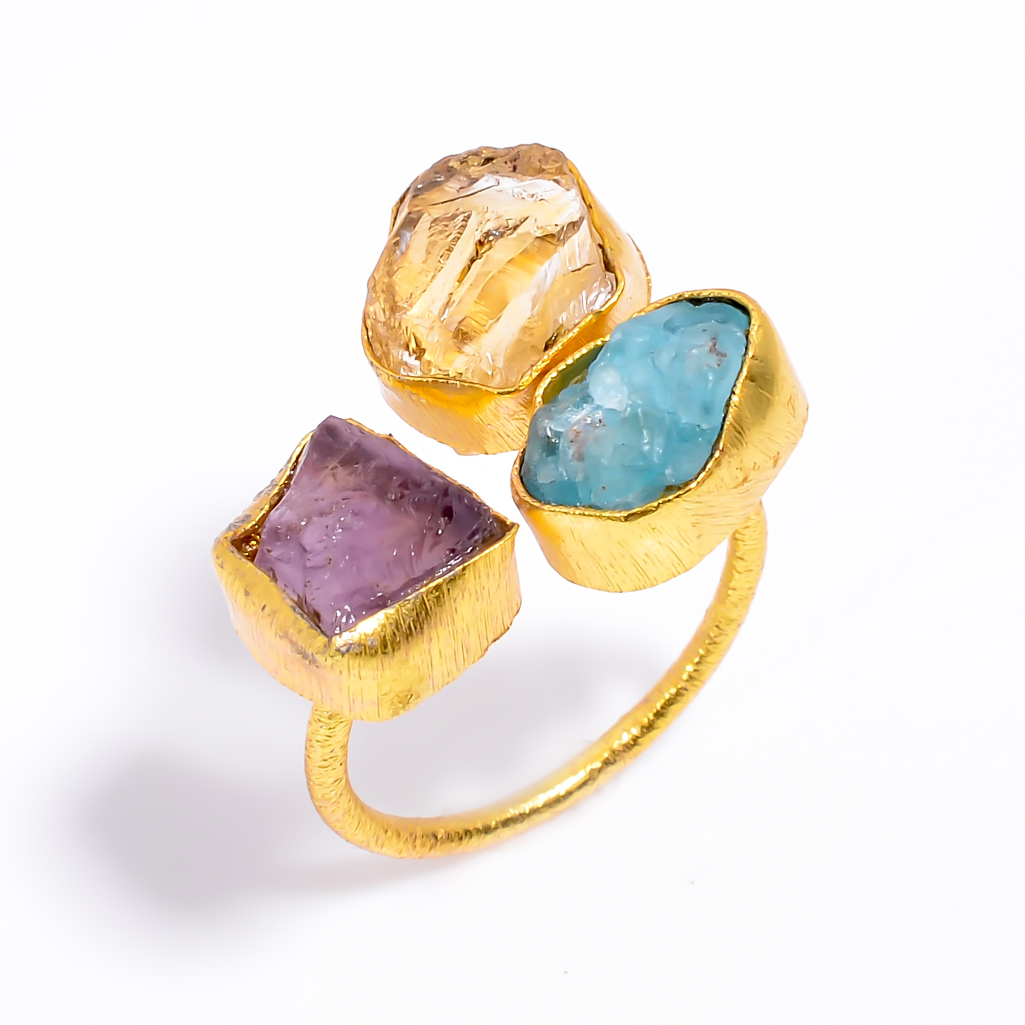 Natura Amethyst Citrine Raw Gemstone Ring 18k Gold Plated Three-Stone Ring Size US 65 Adjustable