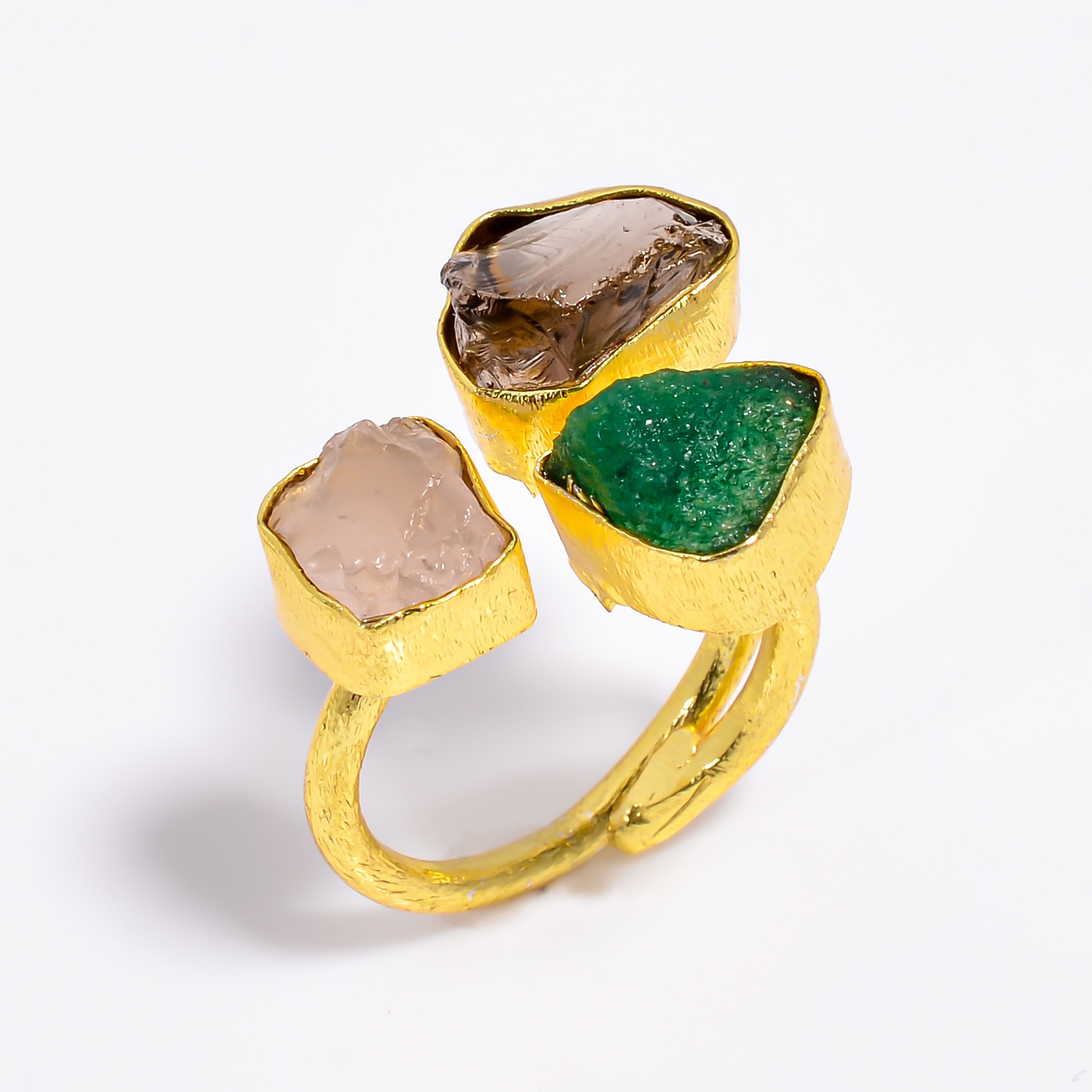 Natura Green Aventurine Smoky Raw Gemstone Ring 18k Gold Plated Three-Stone Ring Adjustable
