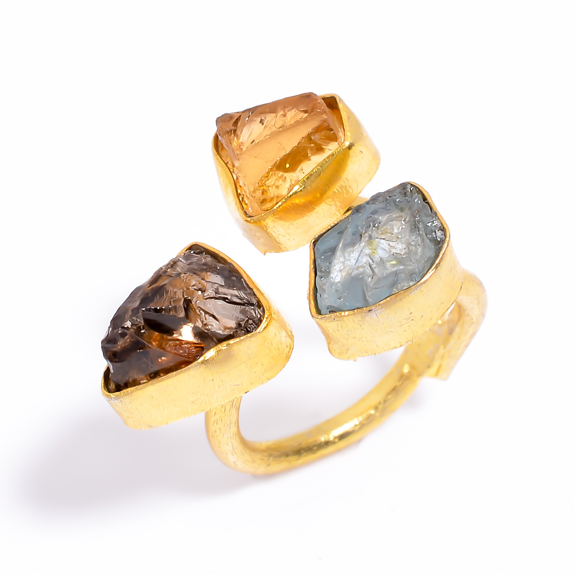 Natura Aquamarine Smoky Raw Gemstone Ring 18k Gold Plated Three-Stone Ring Size US 5 Adjustable