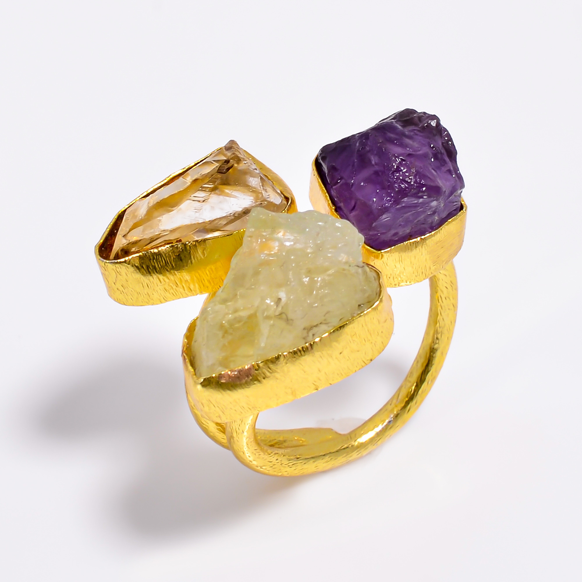 Natura Amethyst Aquamarine Raw Gemstone Ring 18k Gold Plated Three-Stone Ring Size US 7 Adjustable