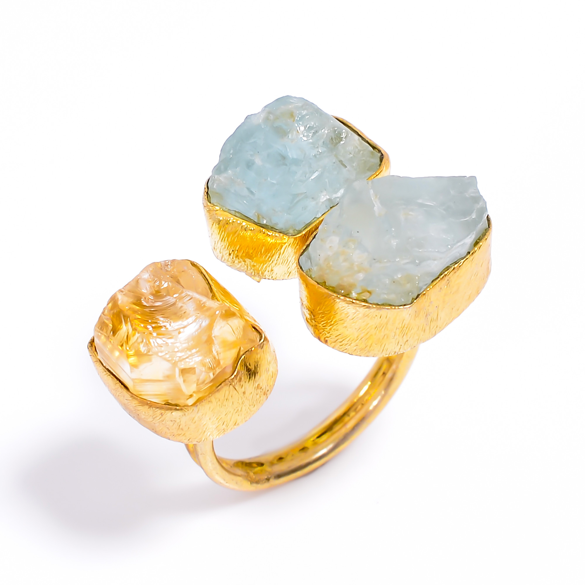 Natura Aquamarine Citrine Raw Gemstone Brass Ring 18k Gold Plated Three-Stone Ring Size US 65 Adjustable