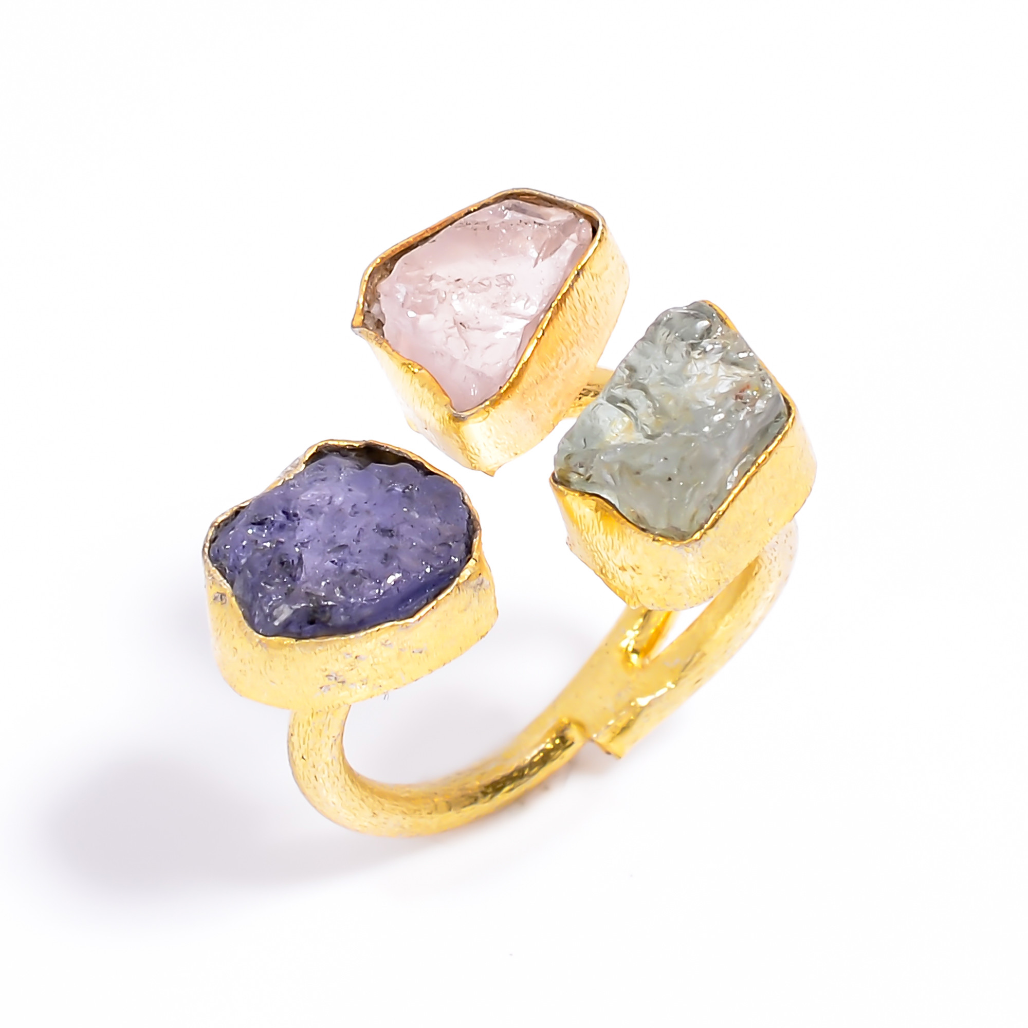 Natura Tanzanite Aquamarine Raw Gemstone Ring 18k Gold Plated Three-Stone Ring Size US 65 Adjustable