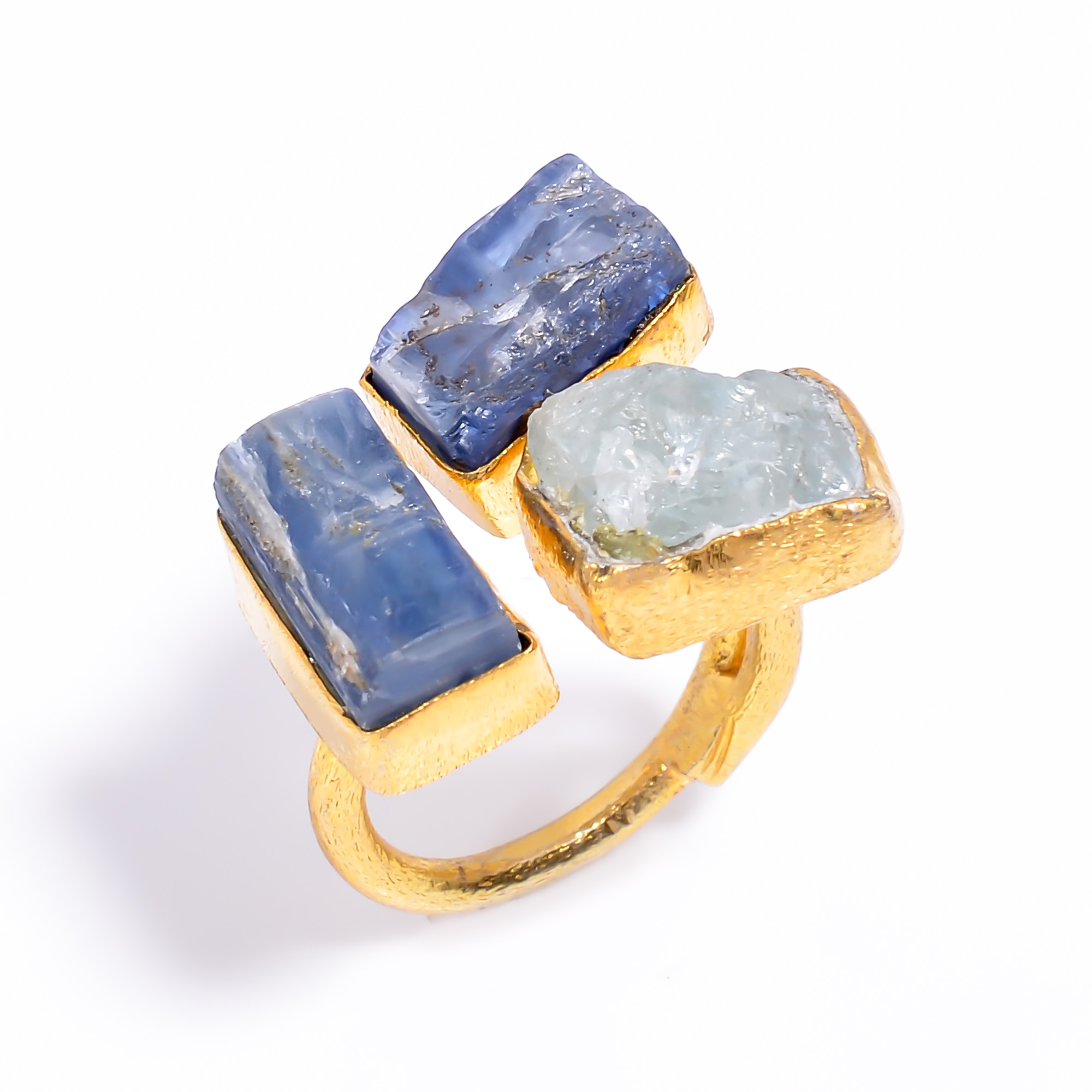 Natura Blue Kyanite Aquamarine Raw Gemstone Ring 18k Gold Plated Three-Stone Ring Size US 6 Adjustable