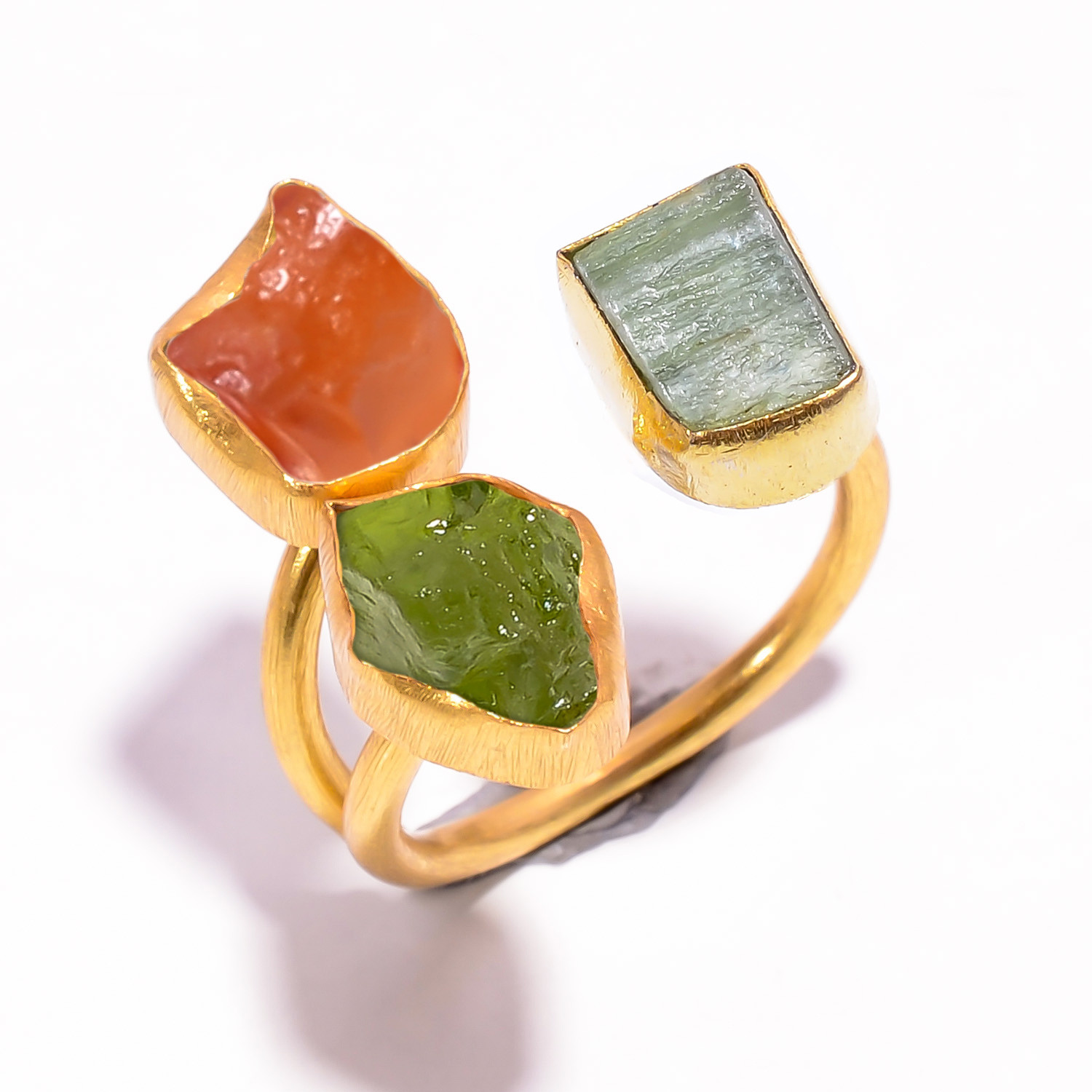 18k Gold Plated Three-Stone Ring Adjustable Natura Green Kyanite Peridot Raw Gemstone Ring