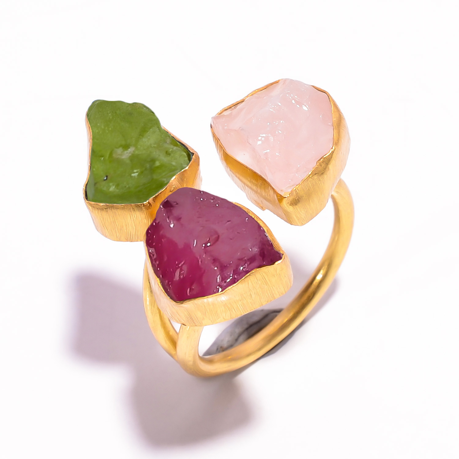 18k Gold Plated Three-Stone Ring Adjustable Natura Ruby Peridot Raw Gemstone Ring