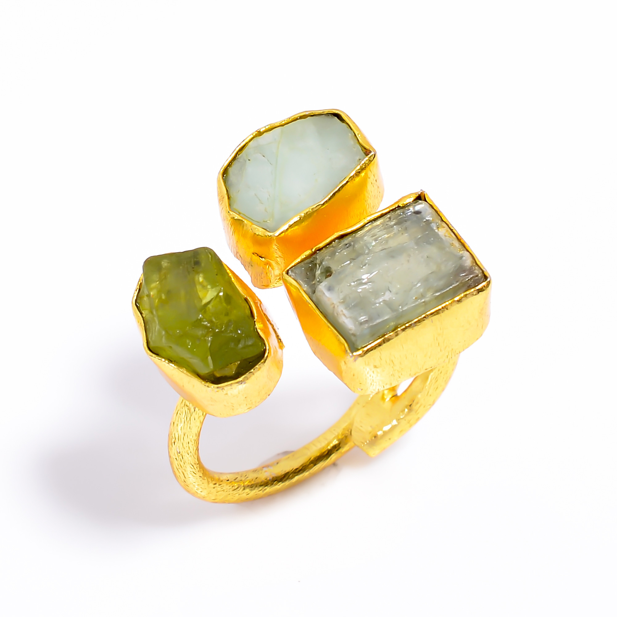 Natura Peridot Green Kyanite Raw Gemstone Brass Ring 18k Gold Plated Three-Stone Ring Size US 6 Adjustable