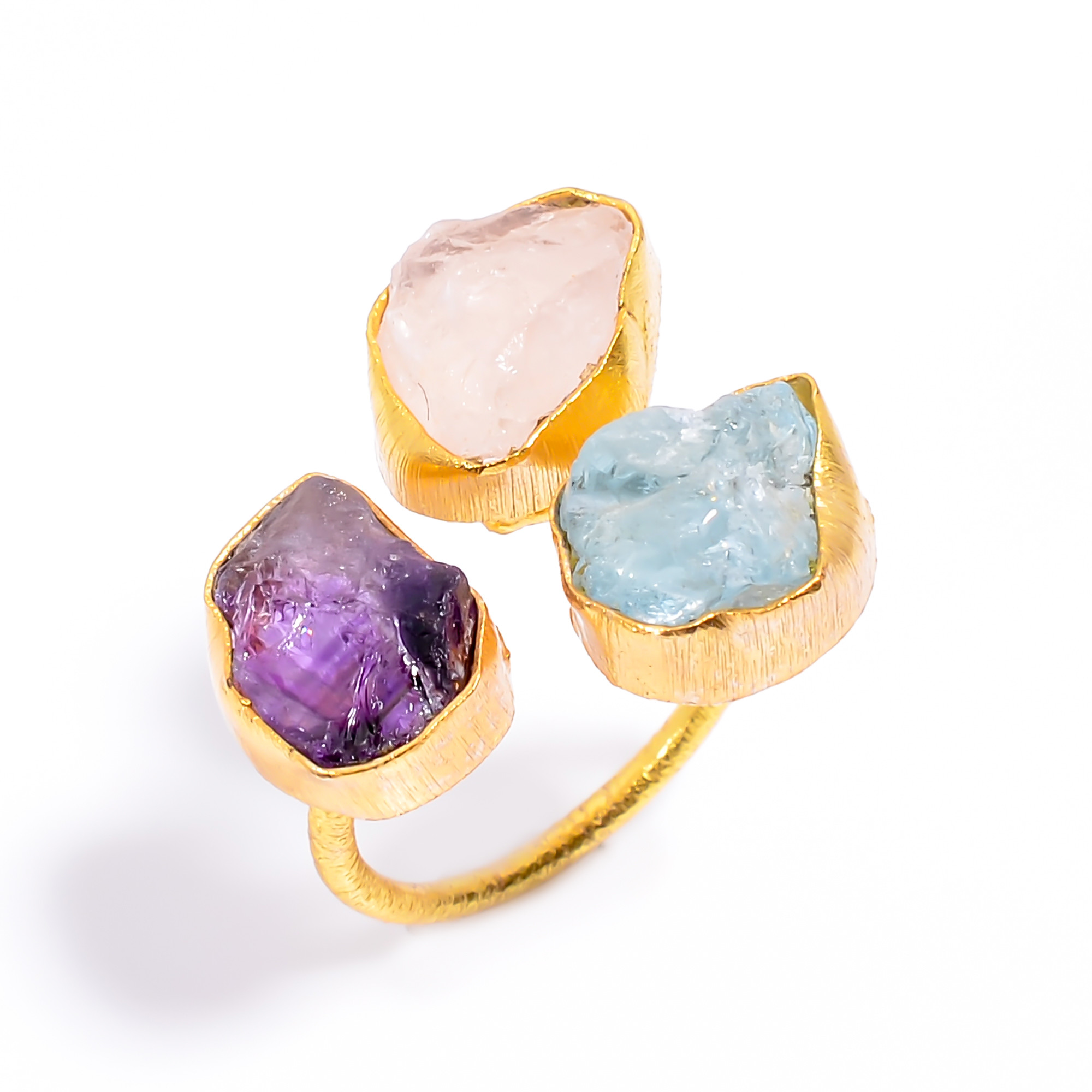Natura Amethyst Aquamarine Raw Gemstone Ring 18k Gold Plated Three-Stone Ring Adjustable