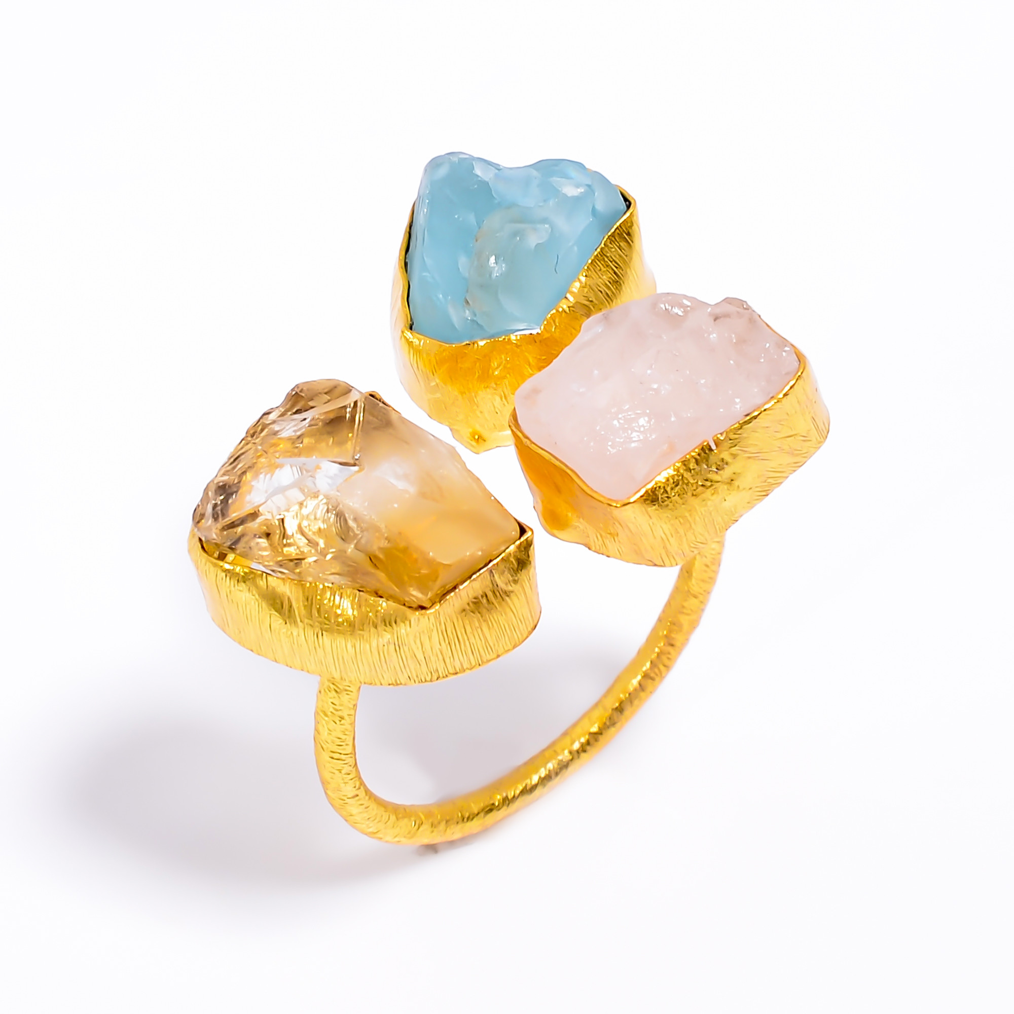 Natura Citrine Sky Apatite Raw Gemstone Ring 18k Gold Plated Three-Stone Ring Adjustable