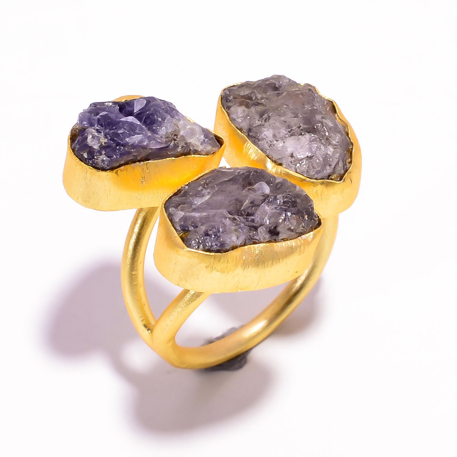 Natura Tanzanite Raw Gemstone Brass Ring 18k Gold Plated Three-Stone Ring Adjustable