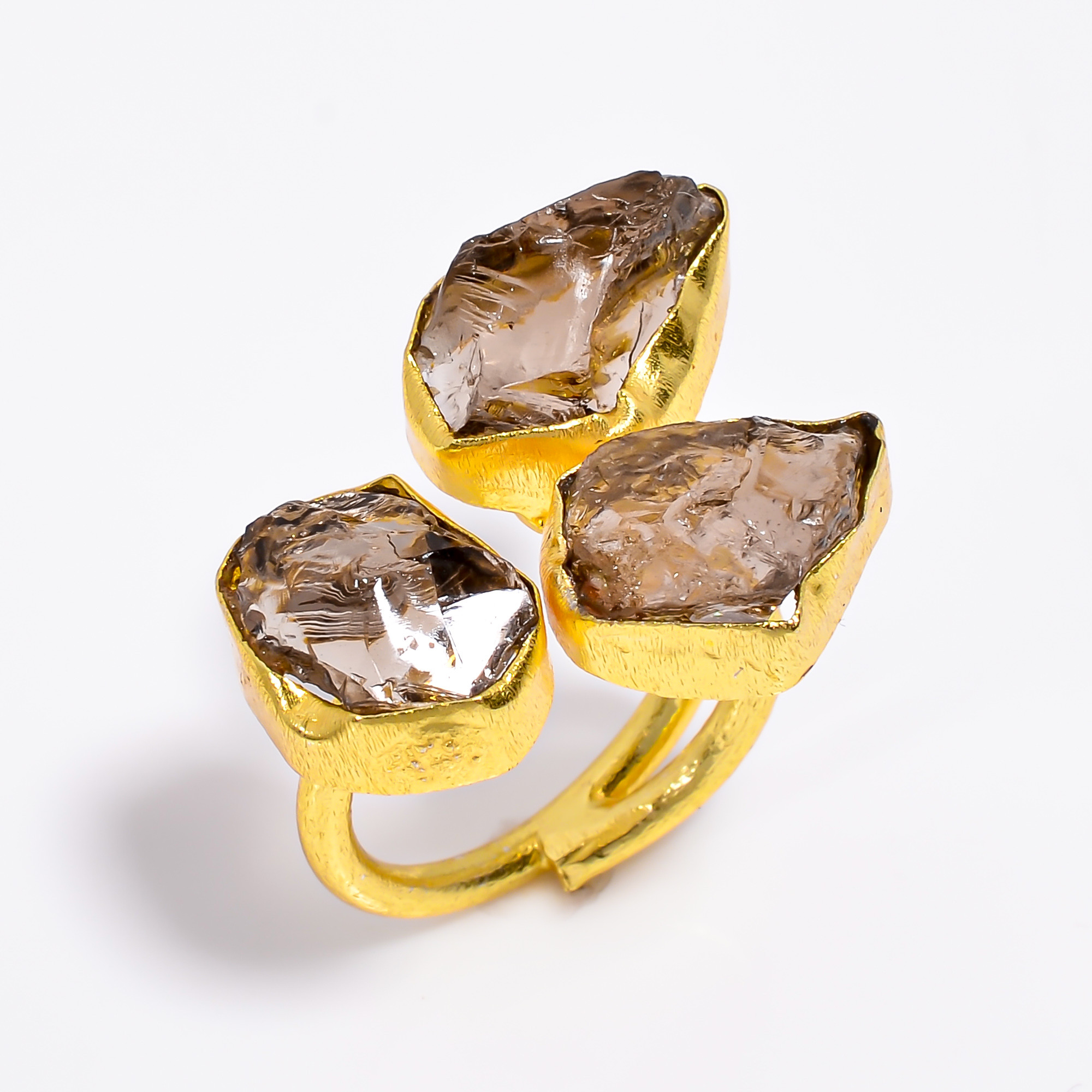 Natura Smoky Raw Gemstone Ring 18k Gold Plated Three-Stone Ring Adjustable