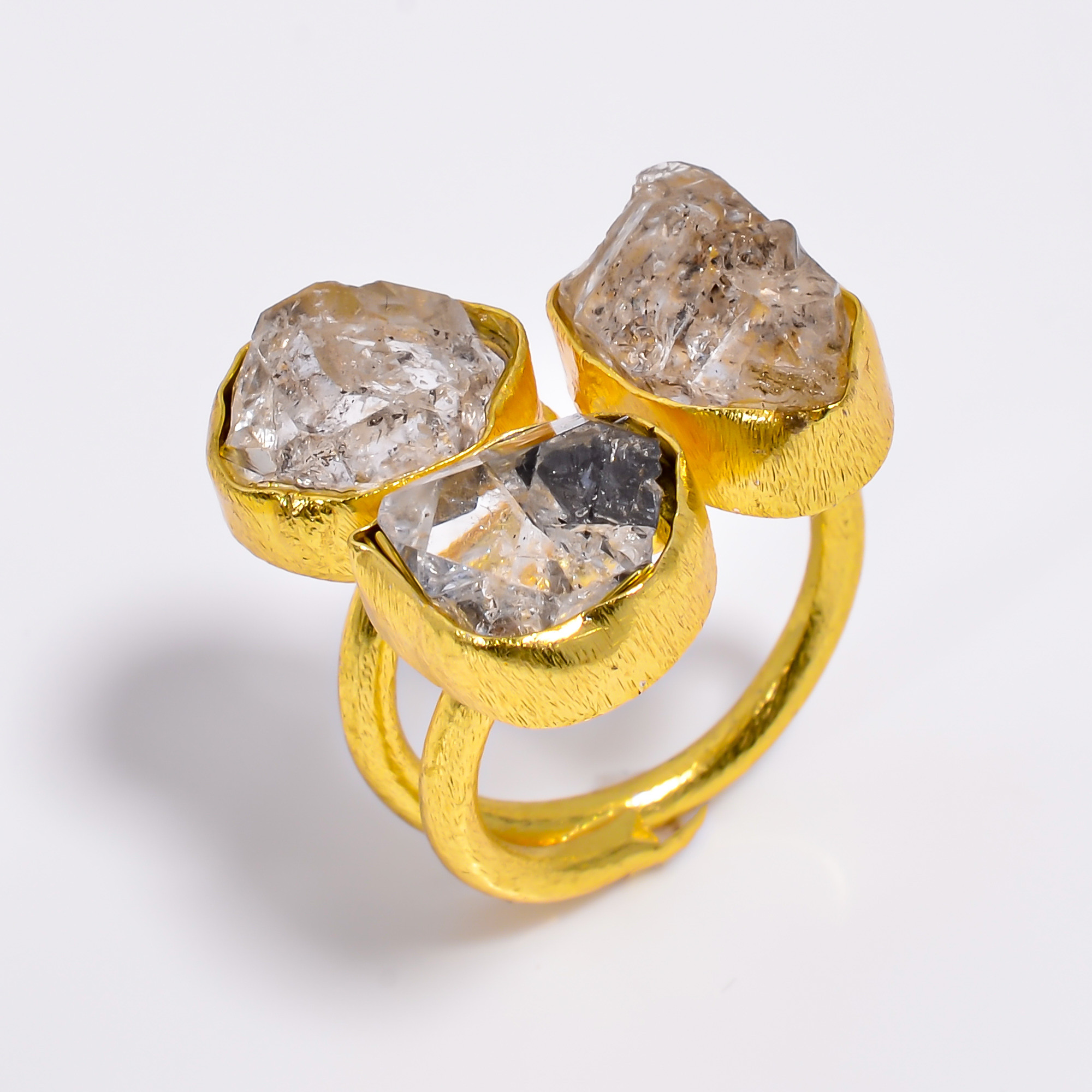 Natura Herkimer Diamond Brass Ring 18k Gold Plated Three-Stone Ring Size US 7 Adjustable