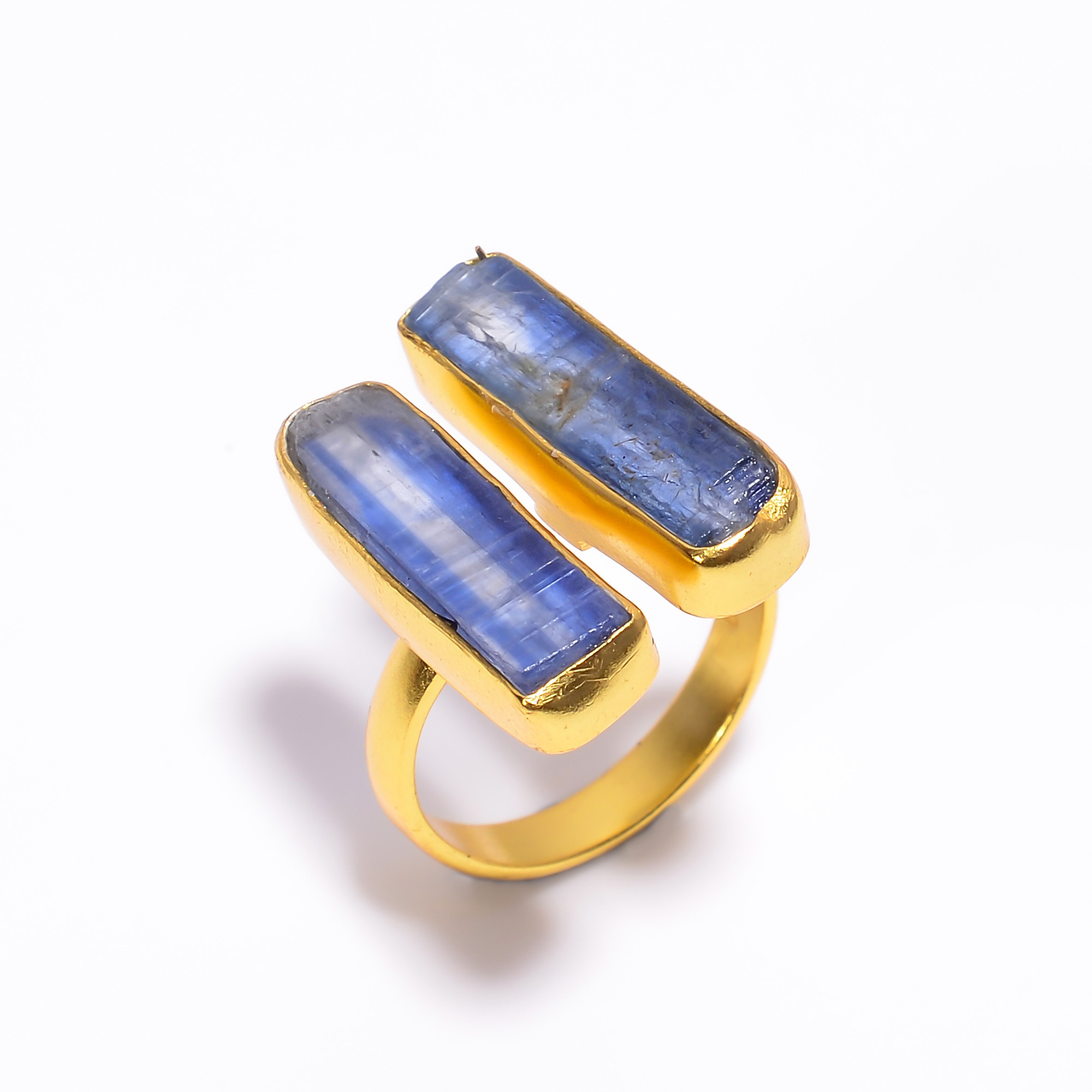 18k Gold Plated Two-Stone Ring Adjustable Natura Blue Kyanite Raw Gemstone Ring