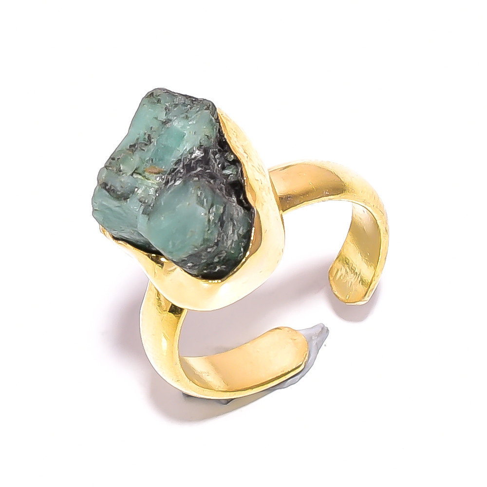 18k Gold Plated Ring Adjustable Emerald Raw Gemstone Ring