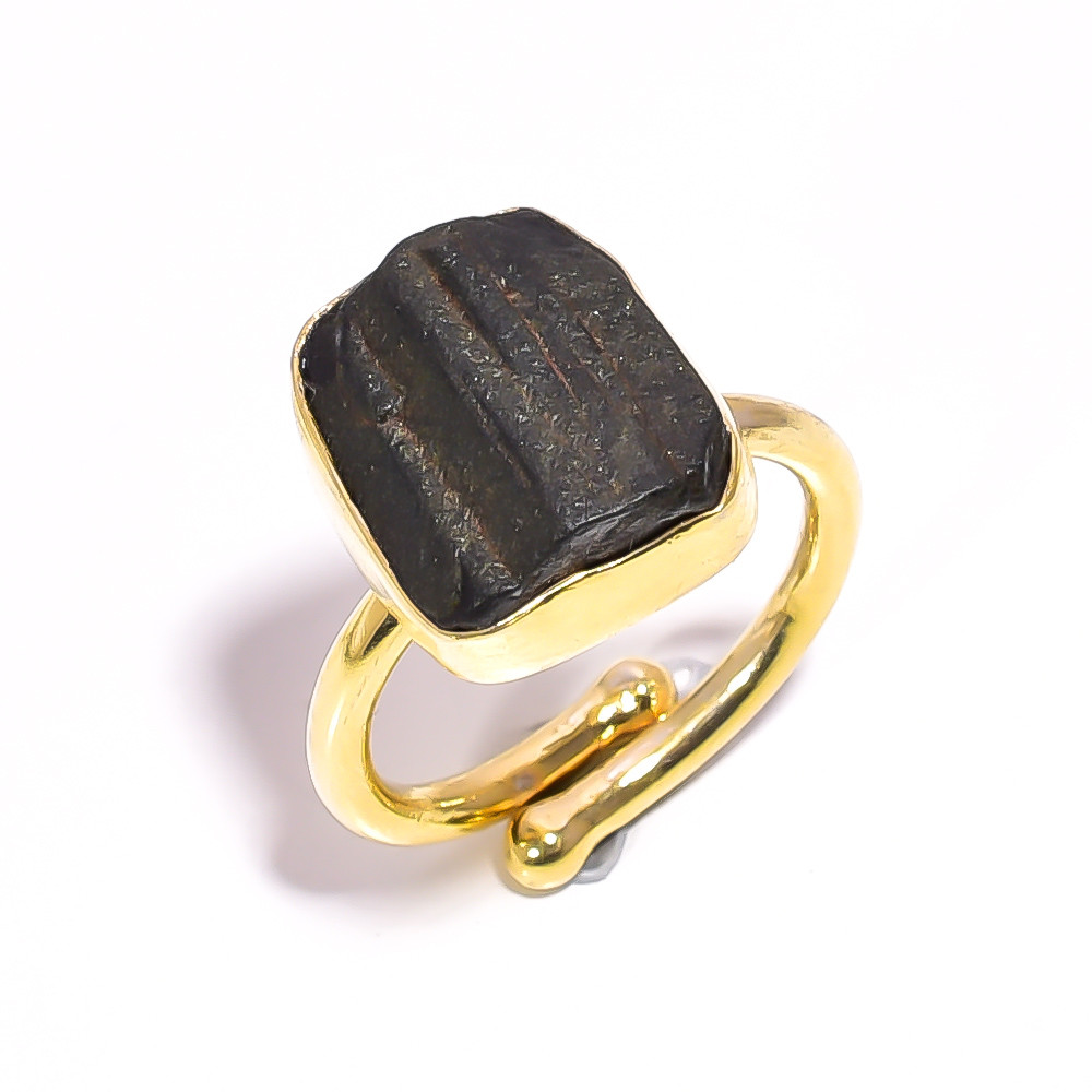 18k Gold Plated Ring Adjustable Natura Black Tourmaline Raw Gemstone Ring