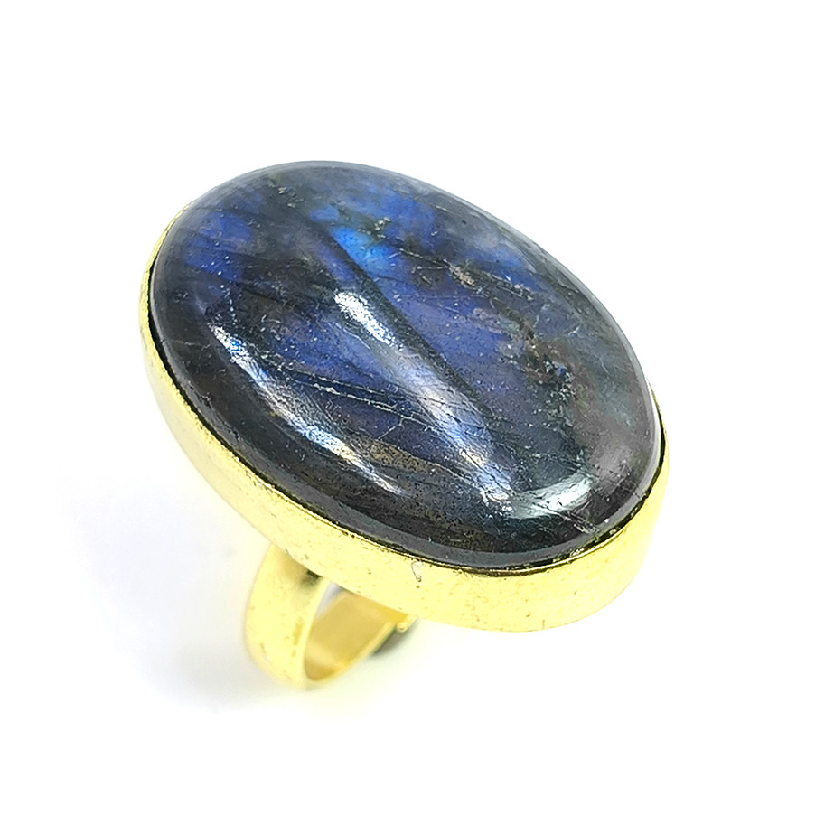 Natural Labradorite Gemstone 18K Gold Plated Ring Size US 75 Adjustable