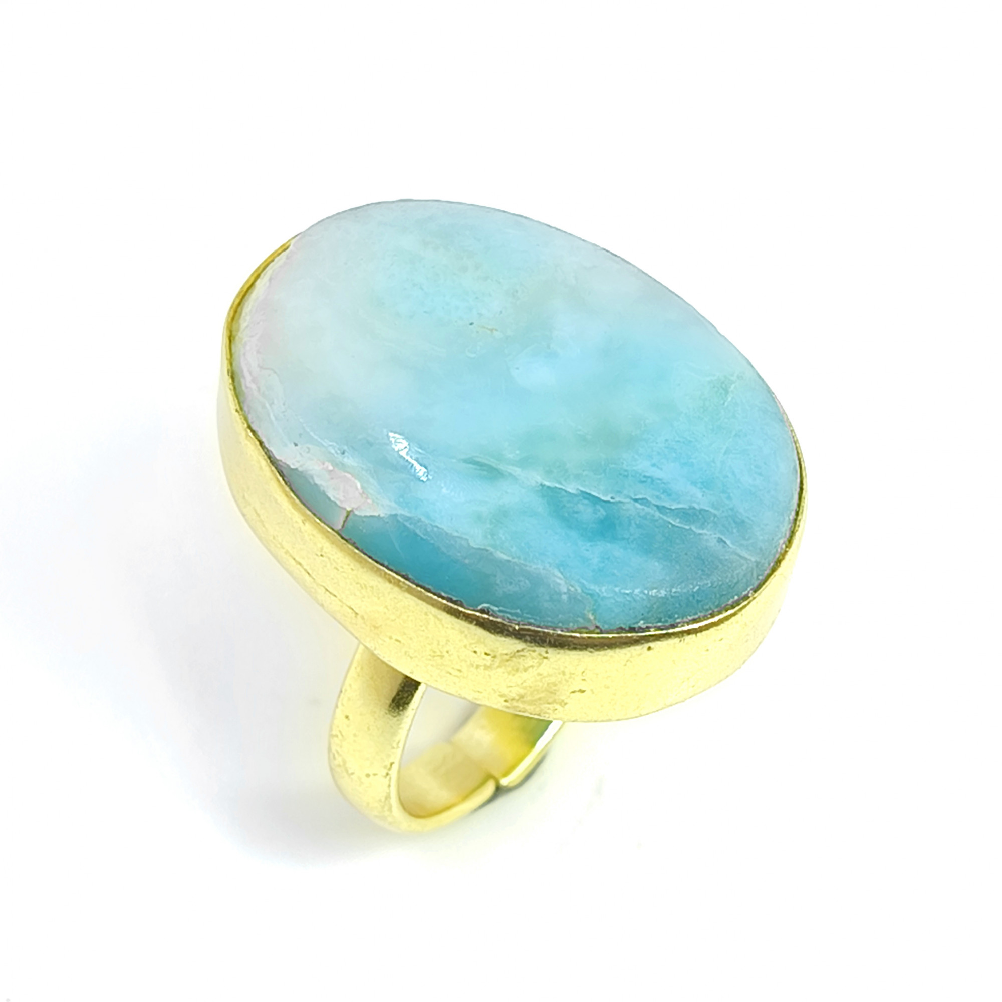 Natural Larimar Gemstone 18K Gold Plated Ring Size US 7 Adjustable