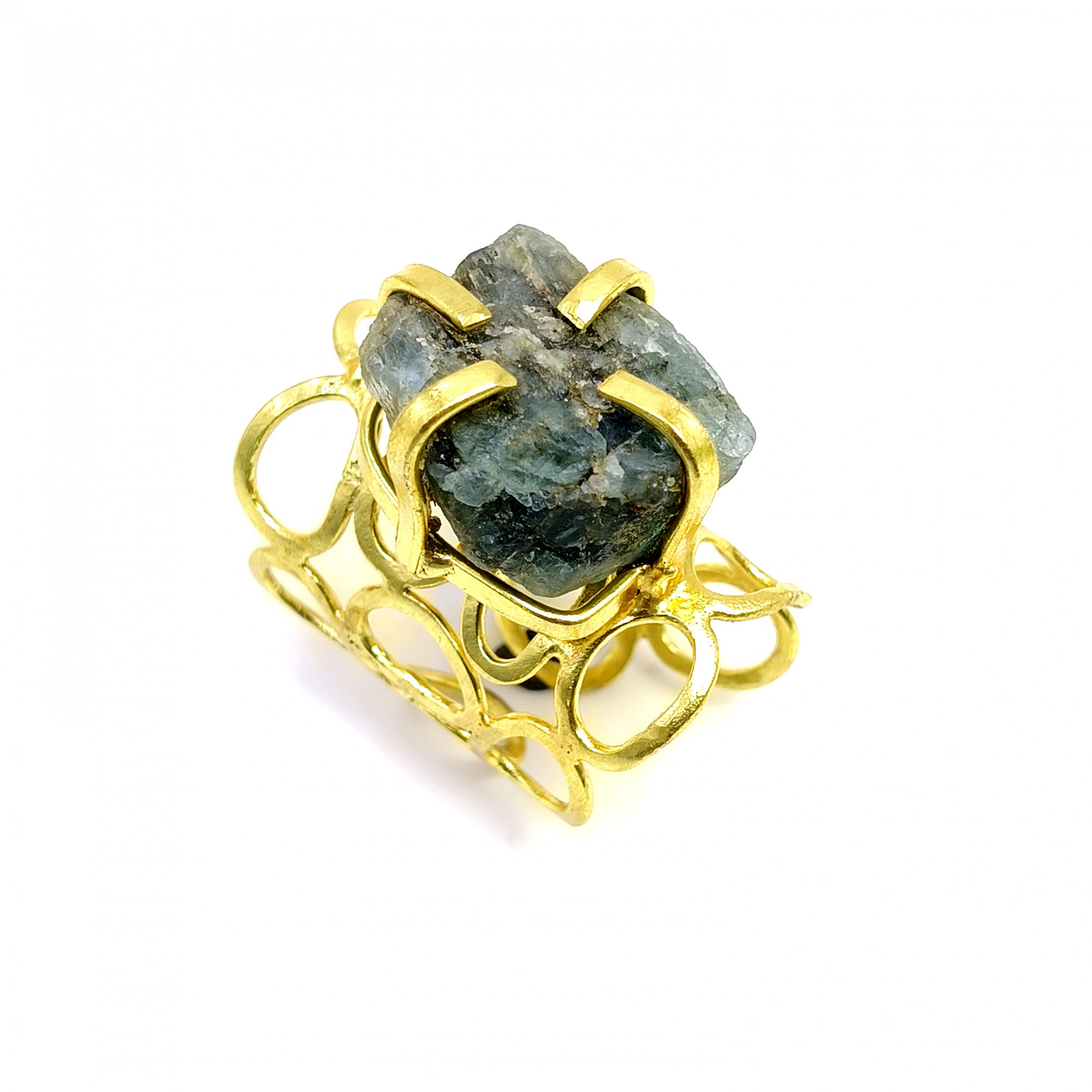 18k Gold Plated Ring Natural Raw Emerald Gemstone Ring Size US 6 Adjustable