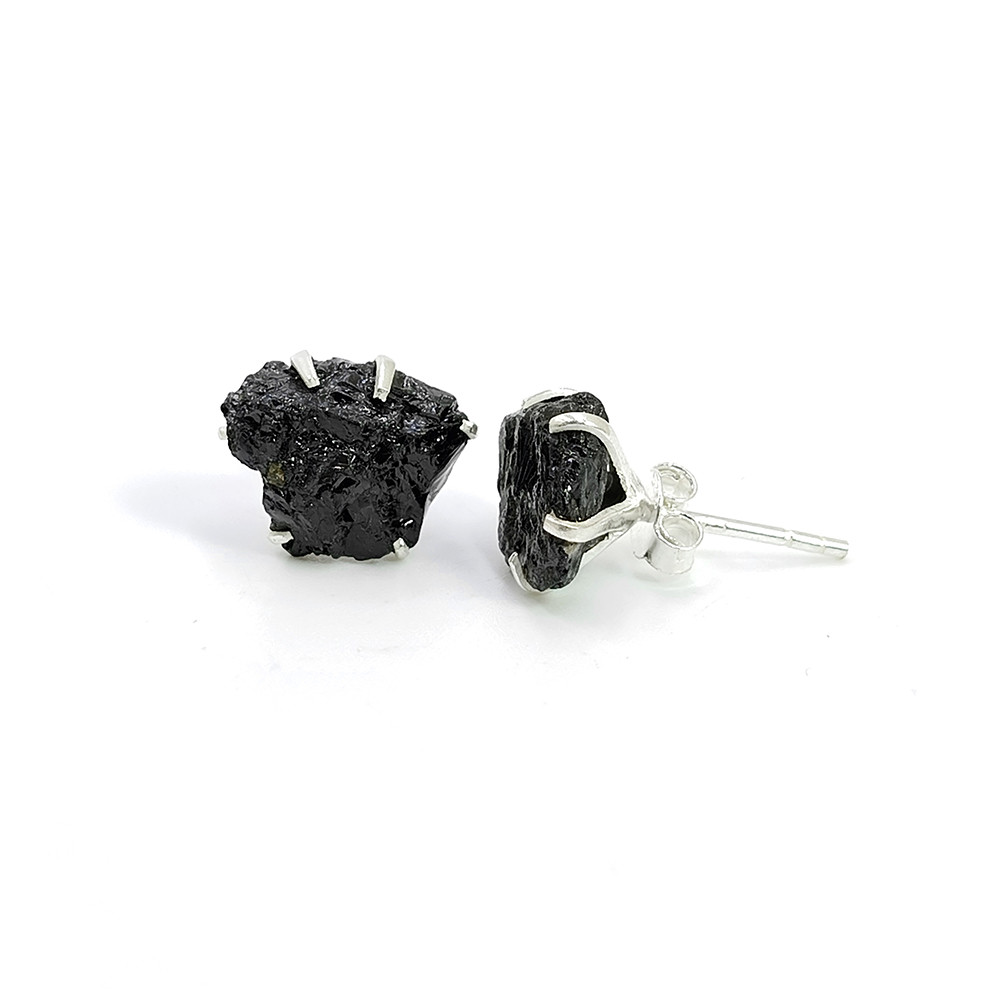 Raw Black Tourmaline Gemstone 925 Sterling Silver Stud Earrings