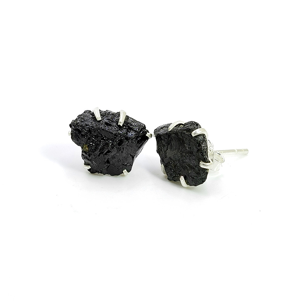 Image of Raw Black Tourmaline Gemstone 925 Sterling Silver Stud Earrings